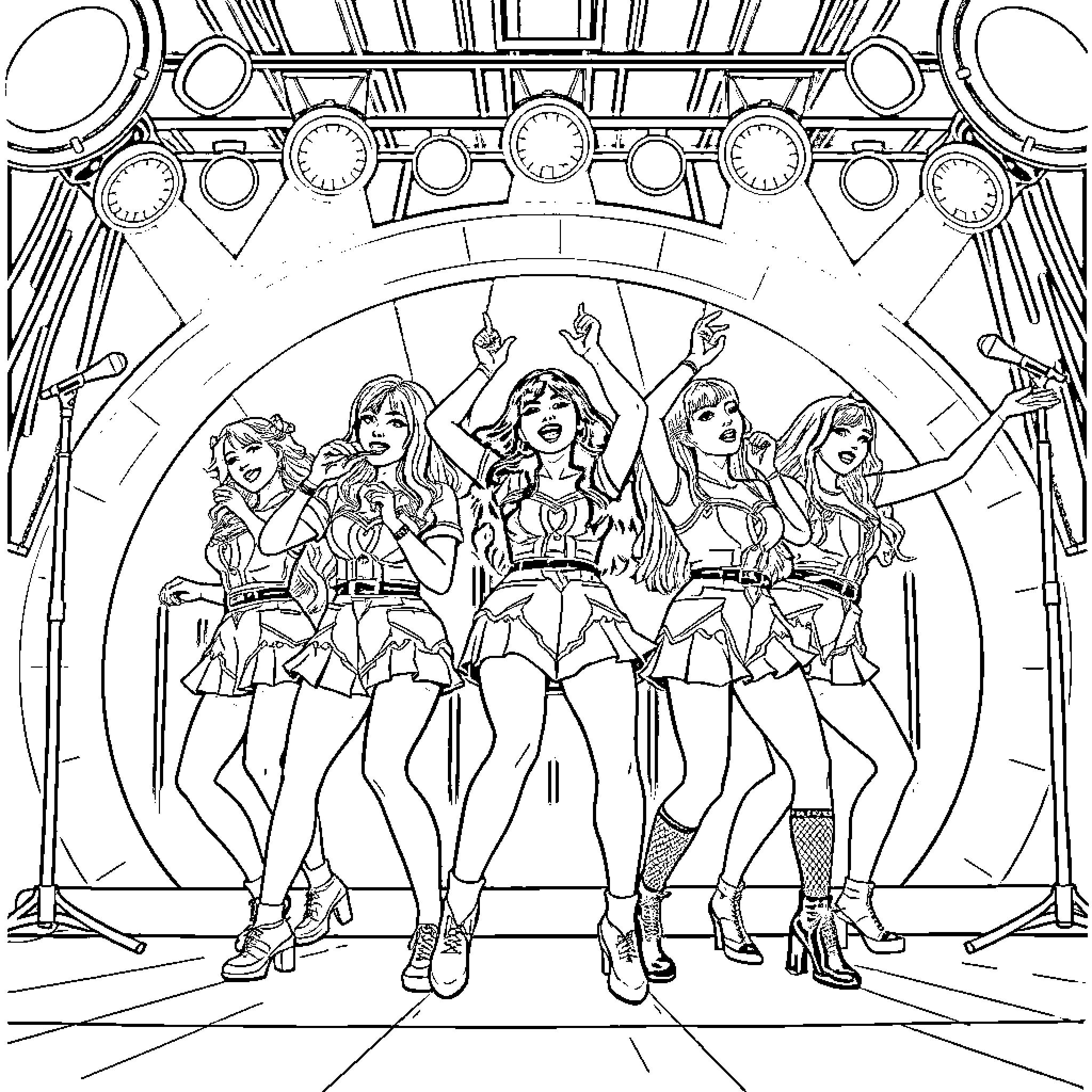 Guerrera: Empowered Performers in Striking Uniforms Coloring Page (free black-and-white line drawing printable PDF for all, from beginners to advanced learners, including children, teens, adults, and seniors)