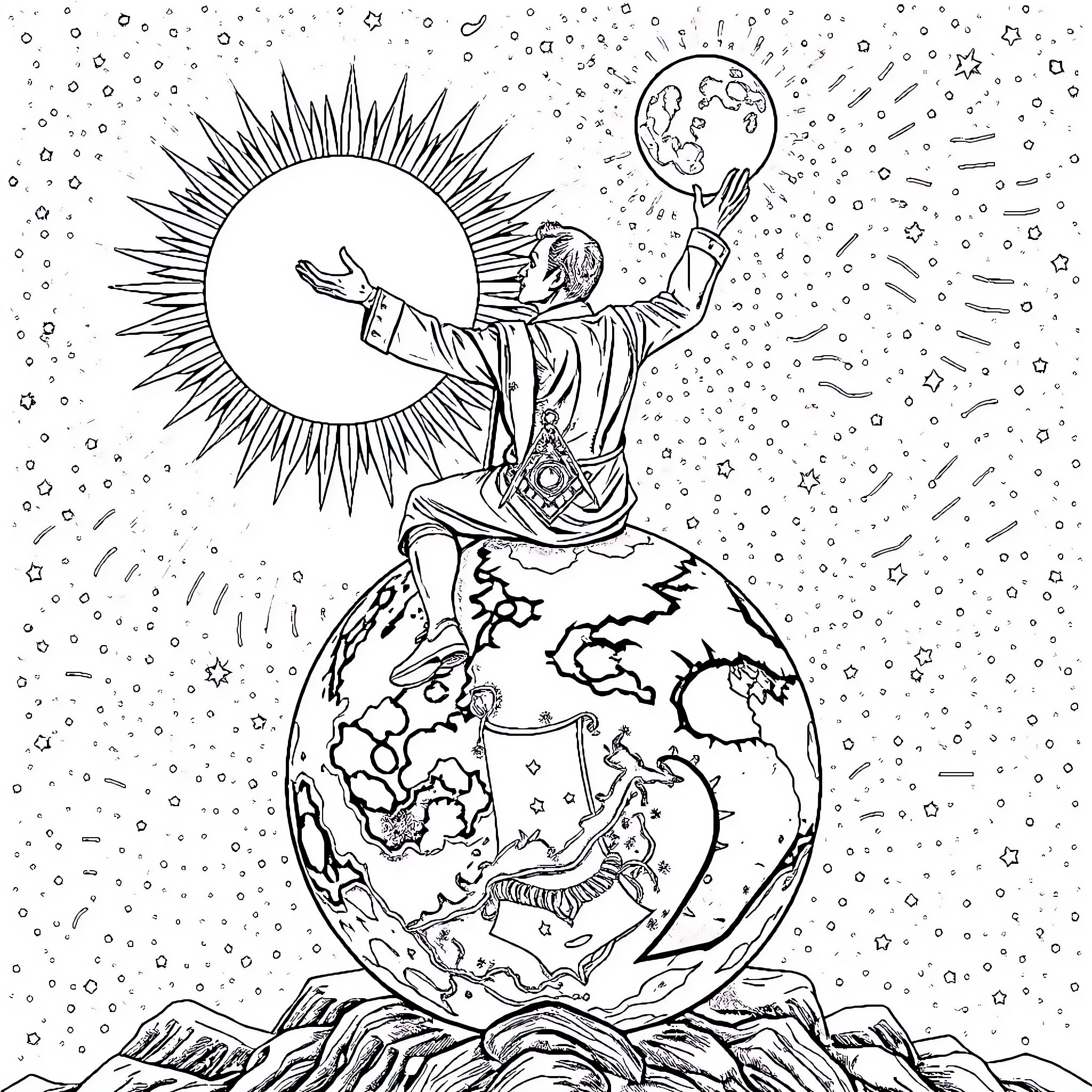 Freemason Embracing the Celestial and Earthly Realms Coloring Page (free black-and-white line drawing printable PDF for all, from beginners to advanced learners, including children, teens, adults, and seniors)