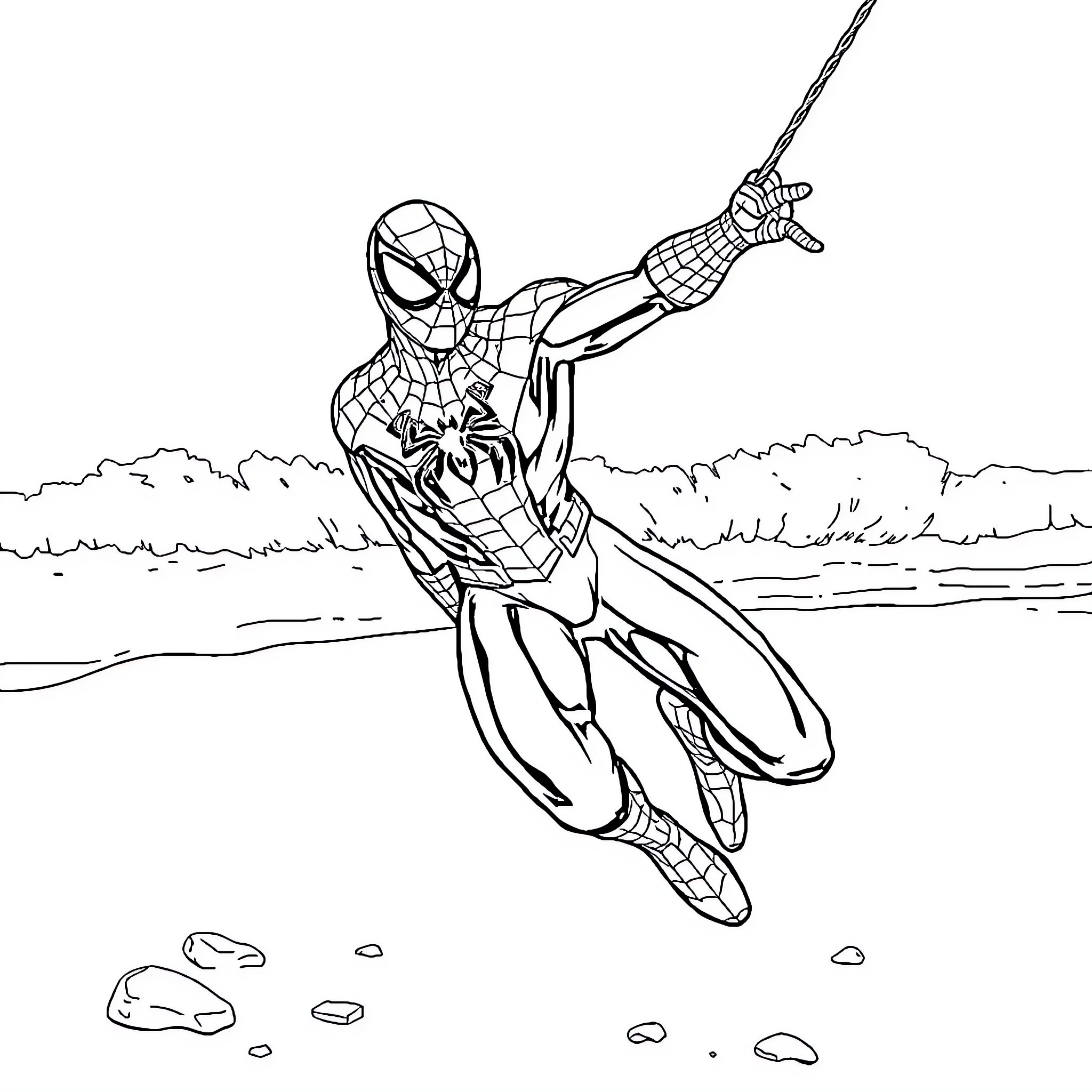 Spiderman swinging through the city in action Coloring Page (free black-and-white line drawing printable PDF for all, from beginners to advanced learners, including children, teens, adults, and seniors)