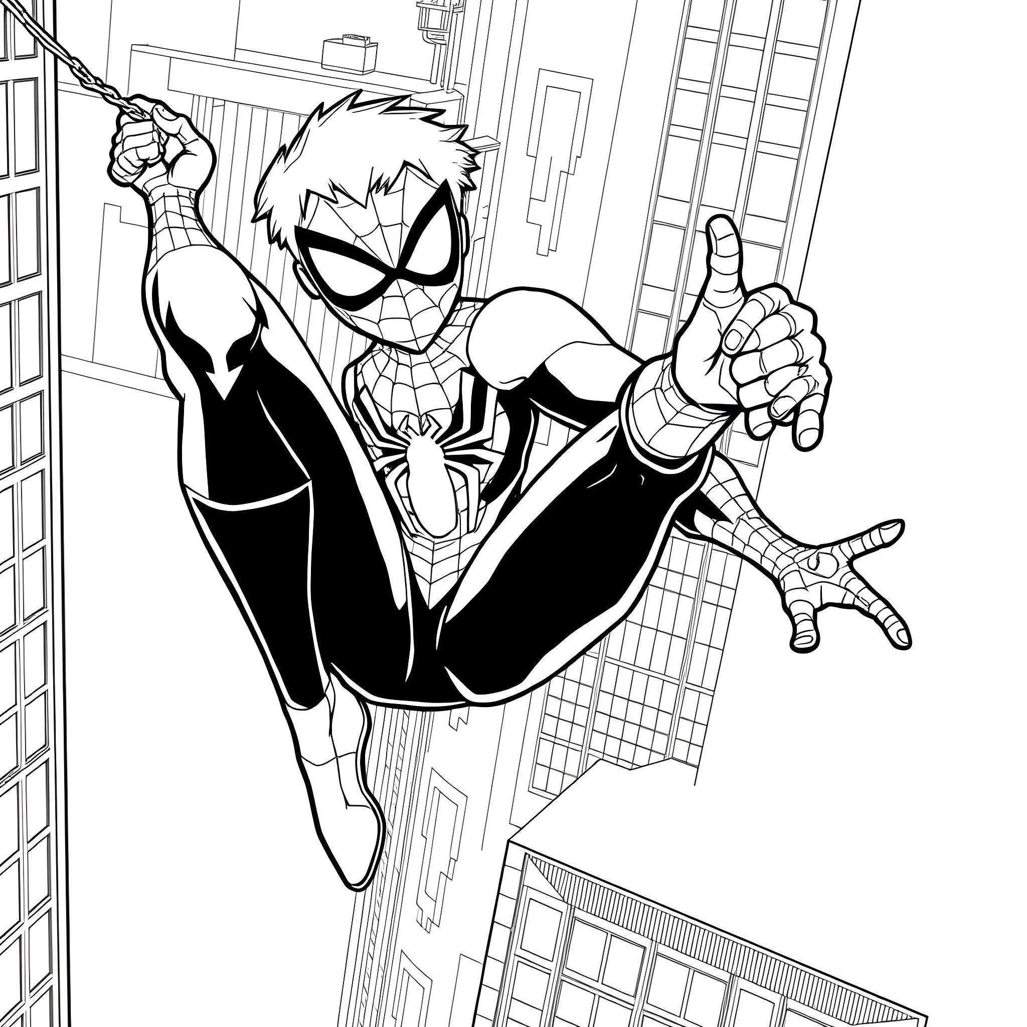 Spider-Boy swinging through the city streets Coloring Page (free black-and-white line drawing printable PDF for all, from beginners to advanced learners, including children, teens, adults, and seniors)