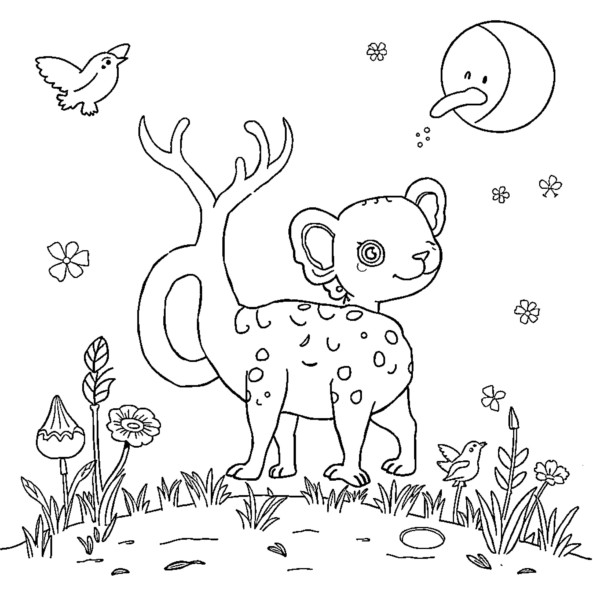 Animal playing in nature with flowers and birds Coloring Page (free black-and-white line drawing printable PDF for all, from beginners to advanced learners, including children, teens, adults, and seniors)