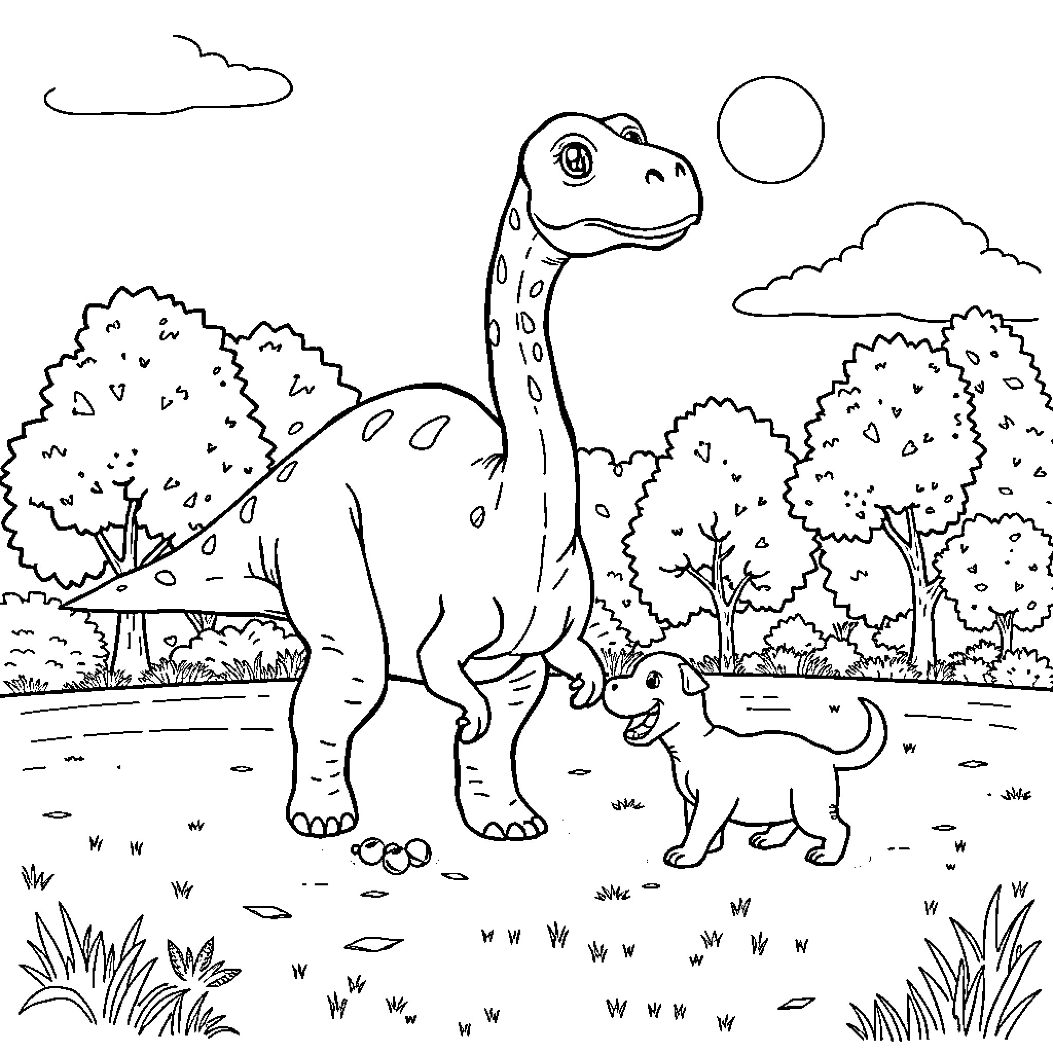 Brachiosaurus and its companion exploring the prehistoric landscape Coloring Page (free black-and-white line drawing printable PDF for all, from beginners to advanced learners, including children, teens, adults, and seniors)