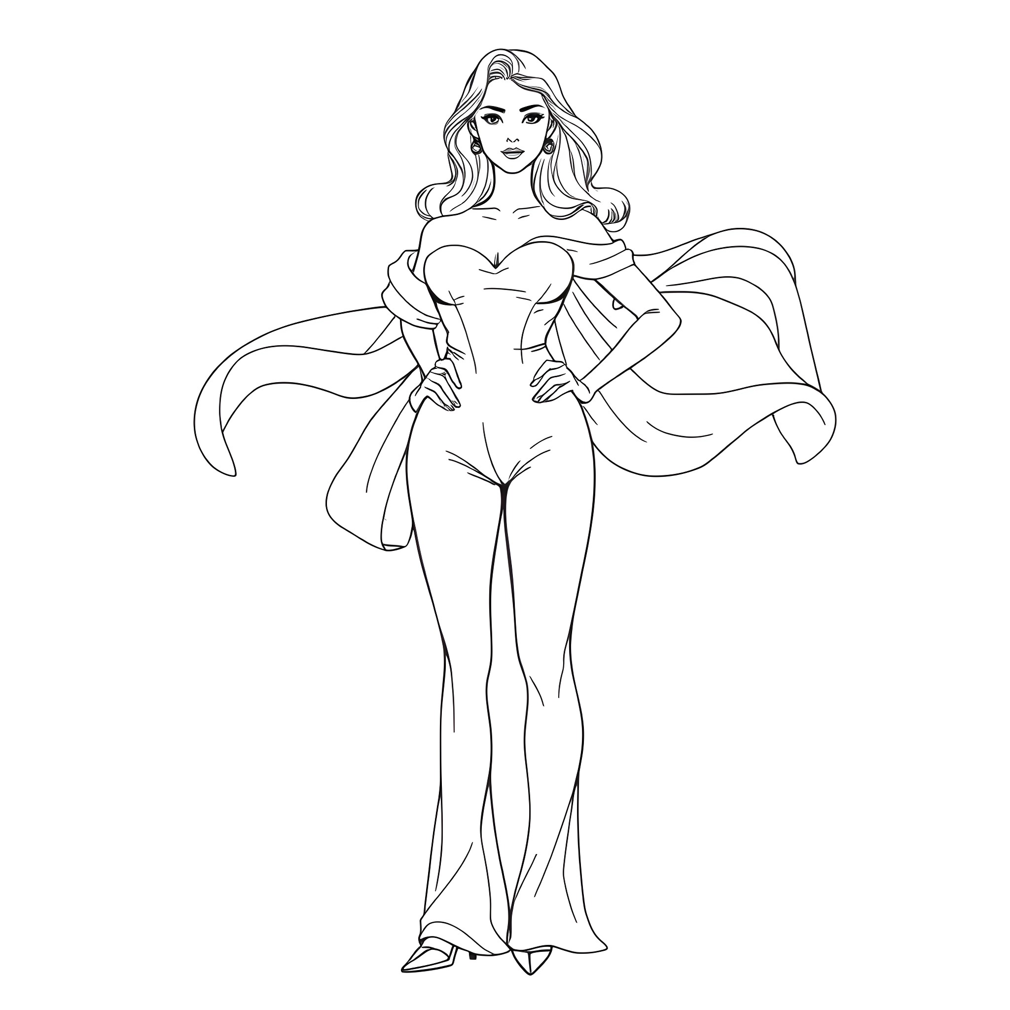 Woman in heroic pose with flowing cape Coloring Page (free black-and-white line drawing printable PDF for all, from beginners to advanced learners, including children, teens, adults, and seniors)