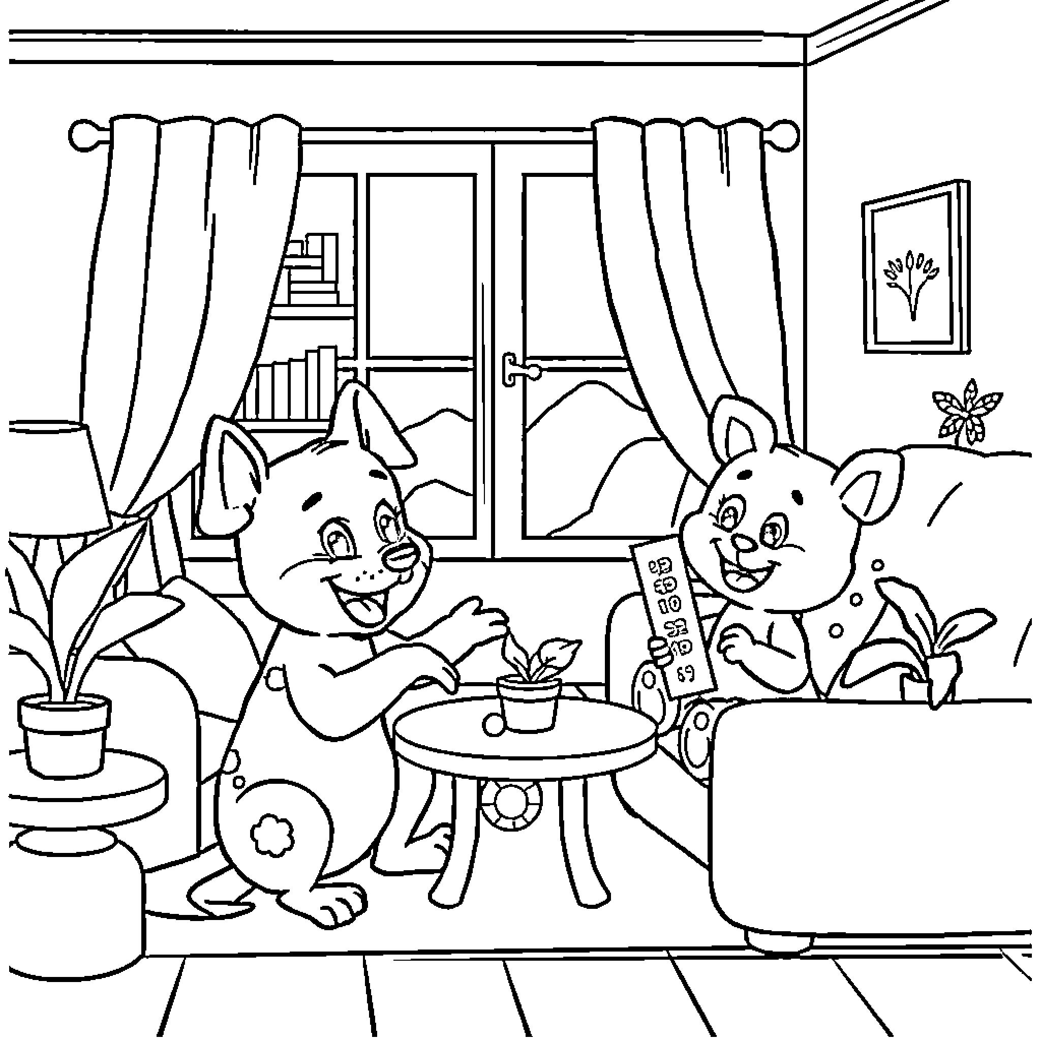 Bluey and Bingo having tea party at home Coloring Page (free black-and-white line drawing printable PDF for all, from beginners to advanced learners, including children, teens, adults, and seniors)