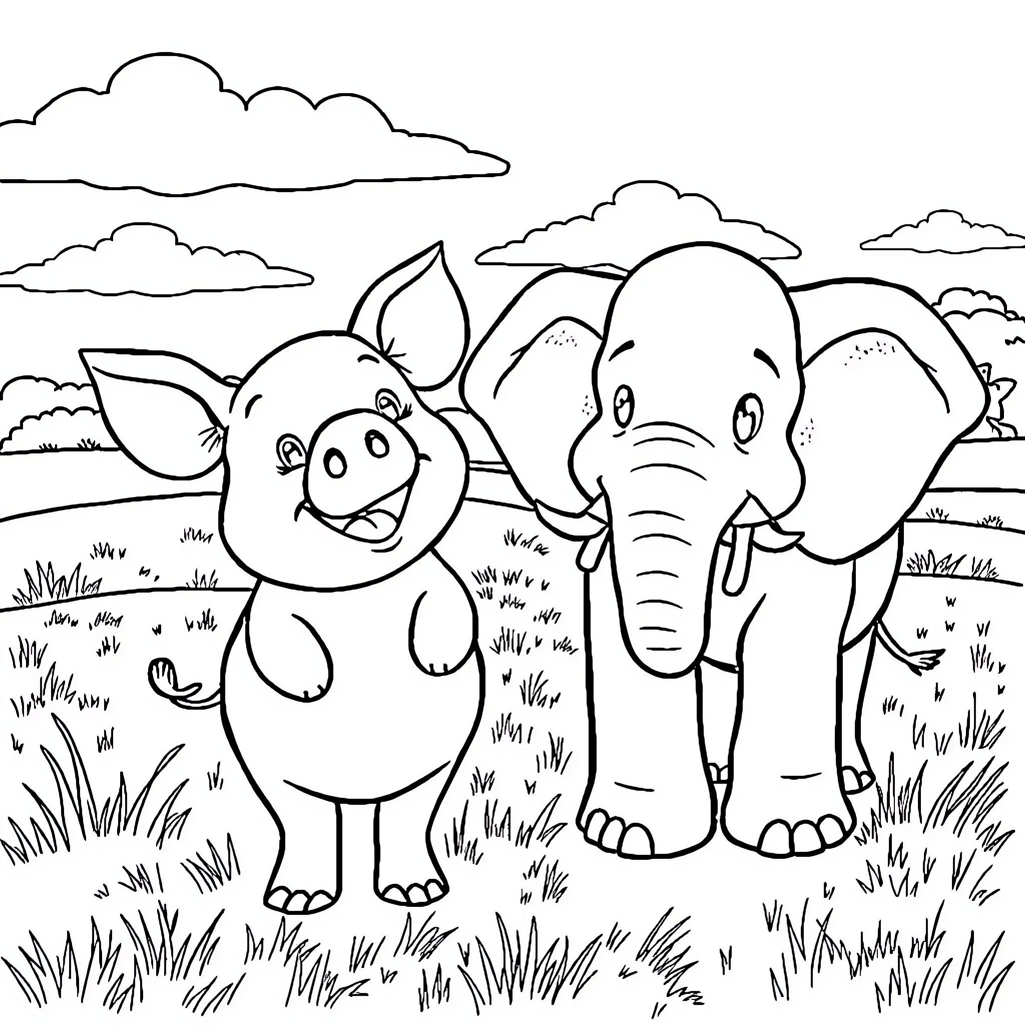 Pig and Elephant Playing in Grassy Field Coloring Page (free black-and-white line drawing printable PDF for all, from beginners to advanced learners, including children, teens, adults, and seniors)