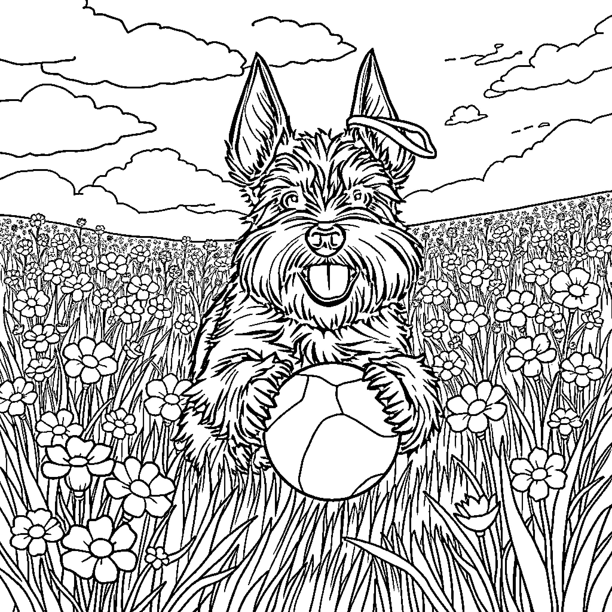 Schnauzer relaxing in a flowery meadow Coloring Page (free black-and-white line drawing printable PDF for all, from beginners to advanced learners, including children, teens, adults, and seniors)
