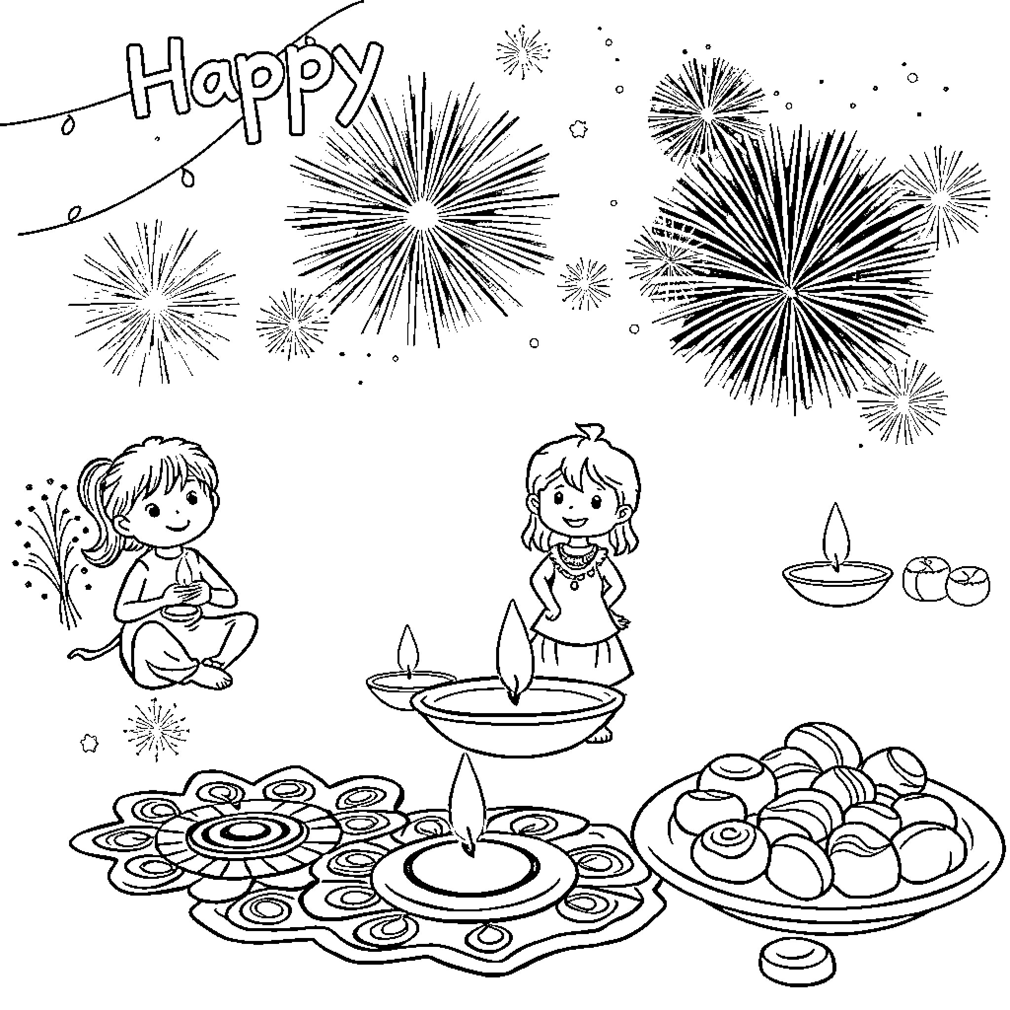 Diwali celebration with fireworks and festive decorations Coloring Page (free black-and-white line drawing printable PDF for all, from beginners to advanced learners, including children, teens, adults, and seniors)