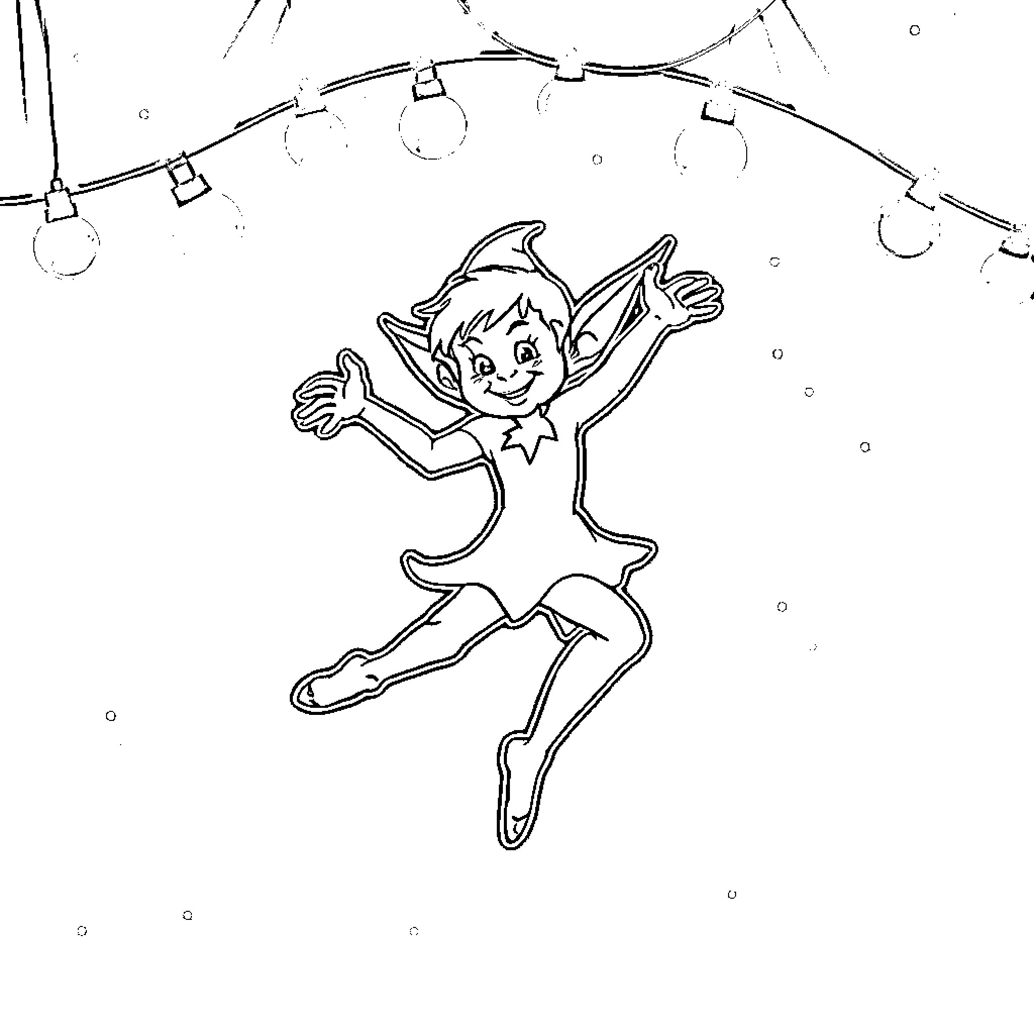 Elf Joyfully Jumping Under Lights Coloring Page (free black-and-white line drawing printable PDF for all, from beginners to advanced learners, including children, teens, adults, and seniors)