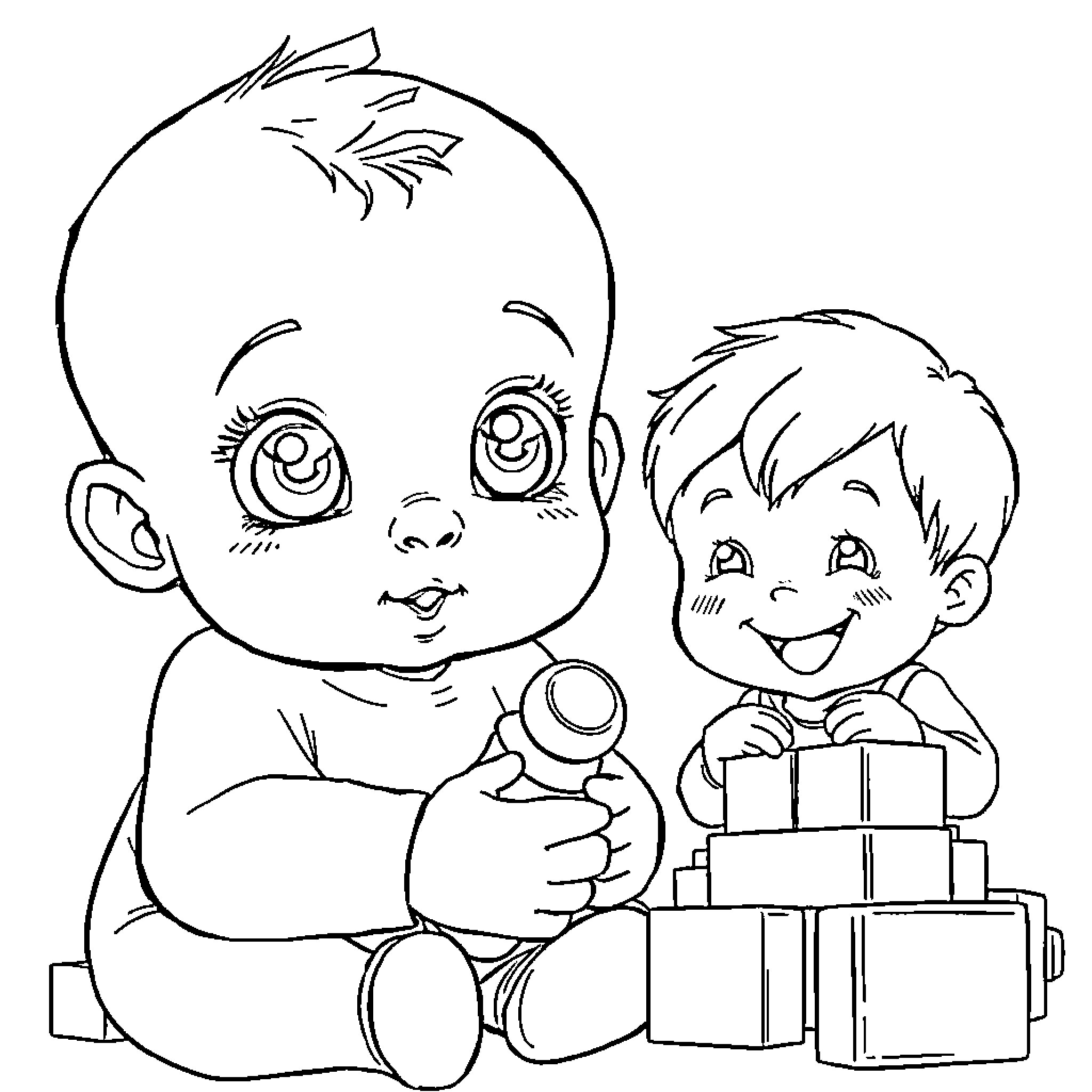 Baby playing with toys and gifts Coloring Page (free black-and-white line drawing printable PDF for all, from beginners to advanced learners, including children, teens, adults, and seniors)