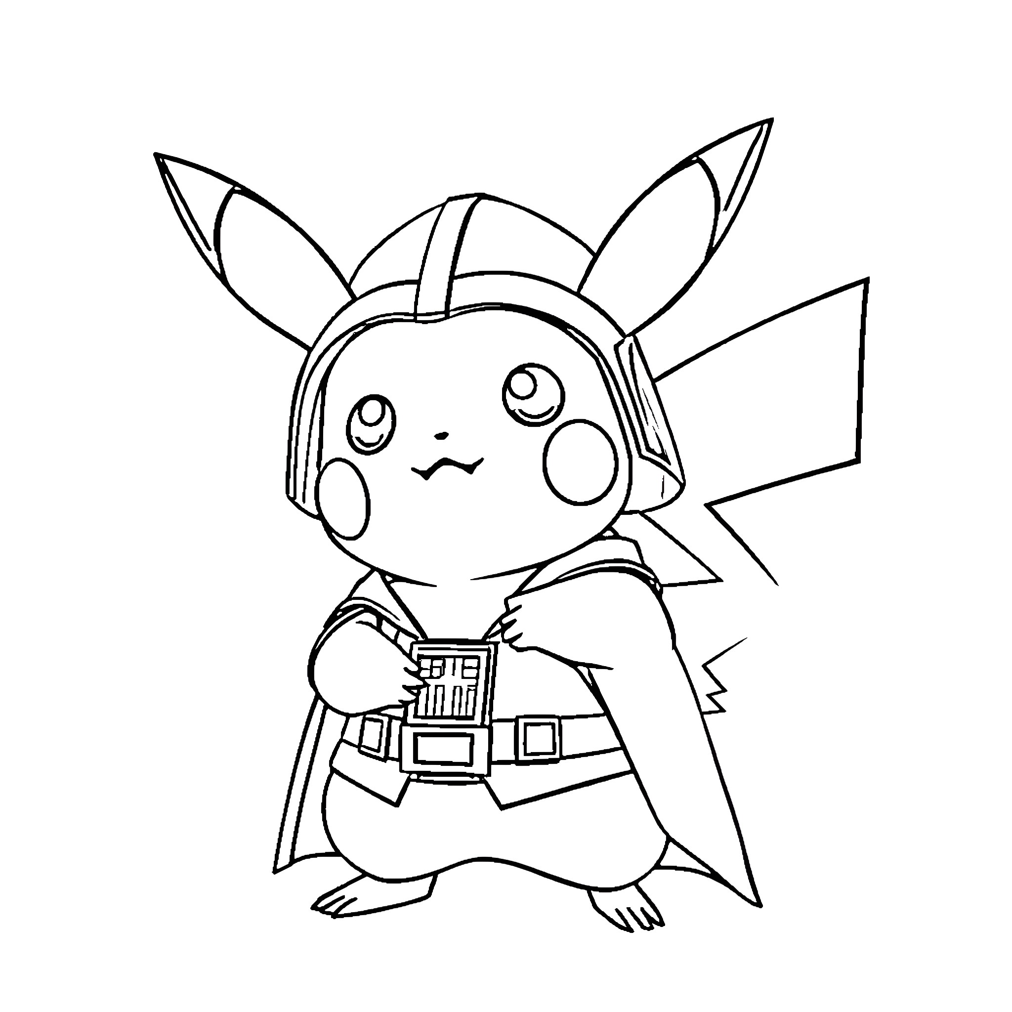 Pikachu in a superhero costume Coloring Page (free black-and-white line drawing printable PDF for all, from beginners to advanced learners, including children, teens, adults, and seniors)