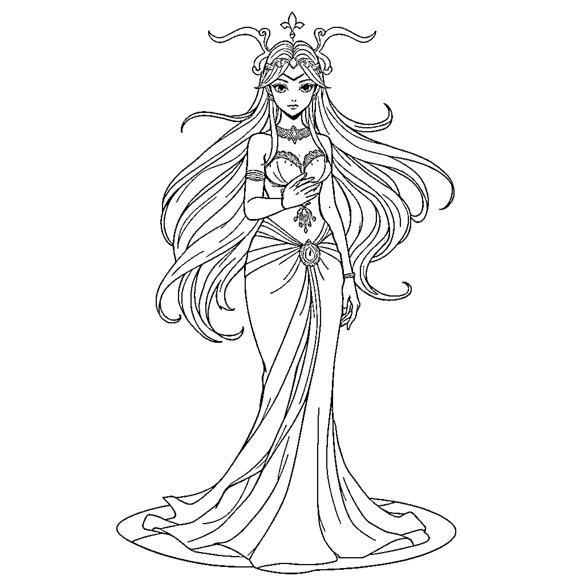 Aquarius goddess in elegant evening gown Coloring Page (free black-and-white line drawing printable PDF for all, from beginners to advanced learners, including children, teens, adults, and seniors)