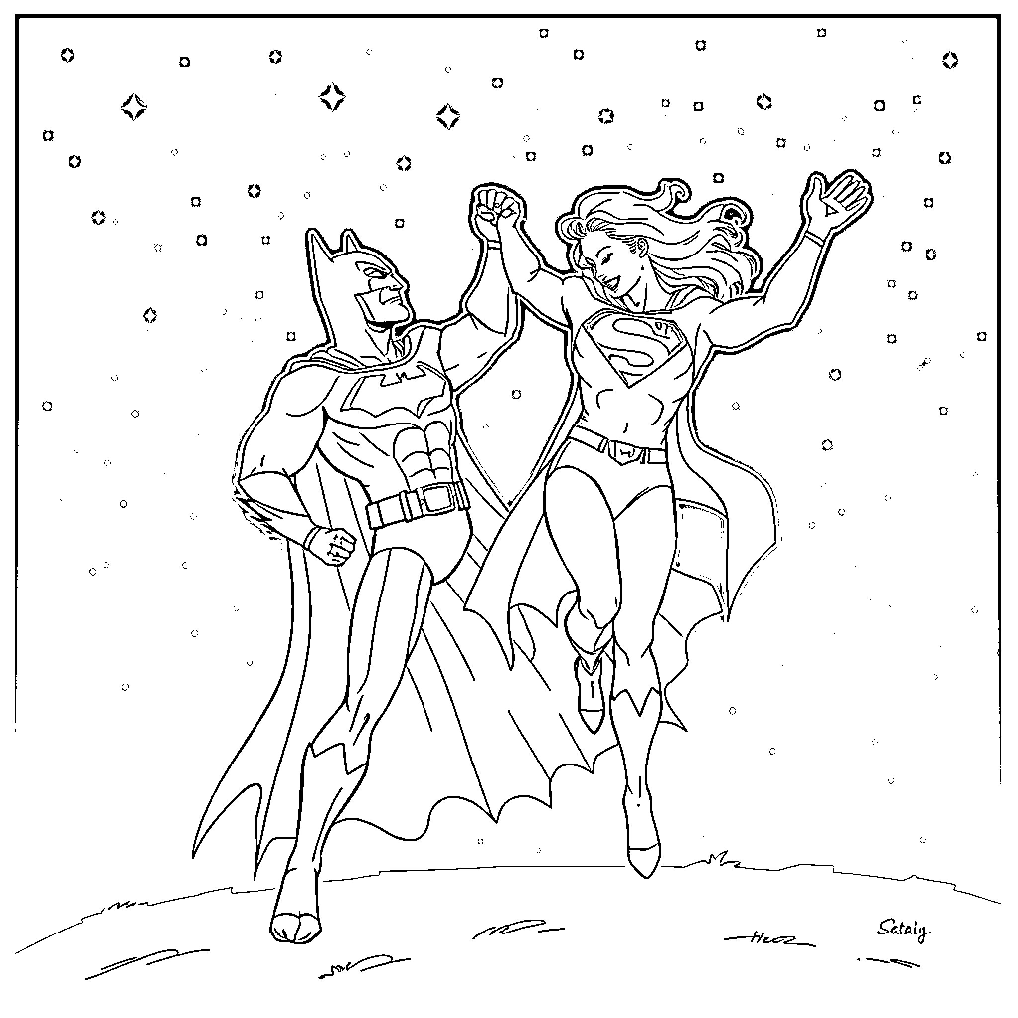 Batman and Supergirl fighting together in the snow Coloring Page (free black-and-white line drawing printable PDF for all, from beginners to advanced learners, including children, teens, adults, and seniors)