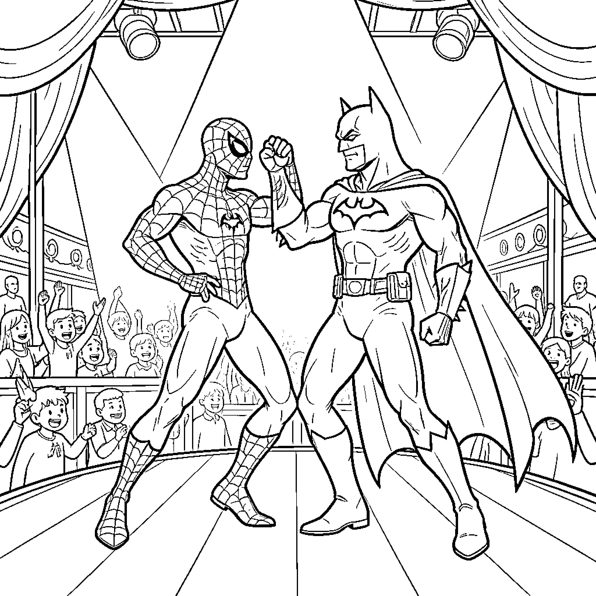 Spiderman and Batman fist bumping on a stage Coloring Page (free black-and-white line drawing printable PDF for all, from beginners to advanced learners, including children, teens, adults, and seniors)