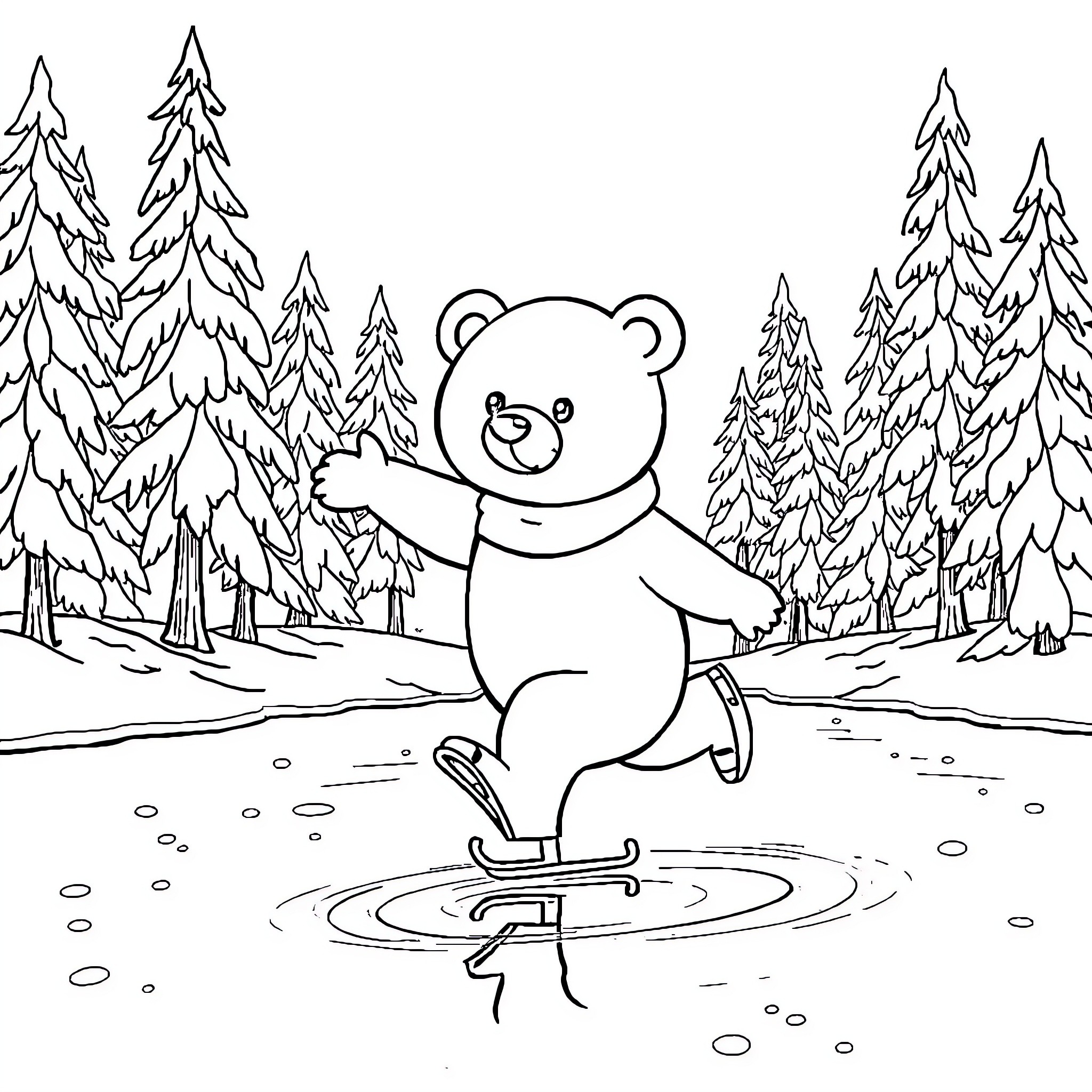 Bear skating on frozen pond in snowy forest Coloring Page (free black-and-white line drawing printable PDF for all, from beginners to advanced learners, including children, teens, adults, and seniors)