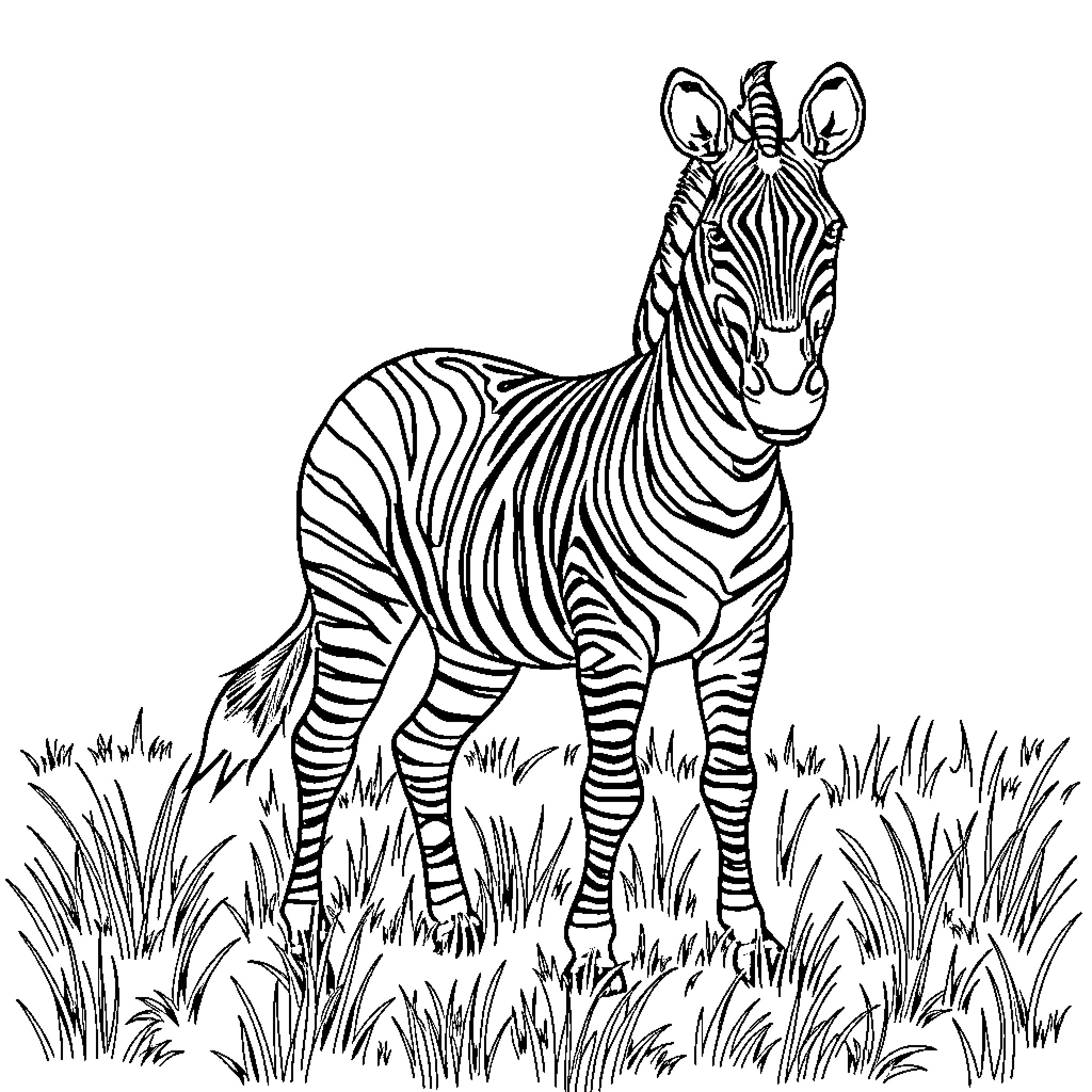 Zebra standing in tall grass Coloring Page (free black-and-white line drawing printable PDF for all, from beginners to advanced learners, including children, teens, adults, and seniors)