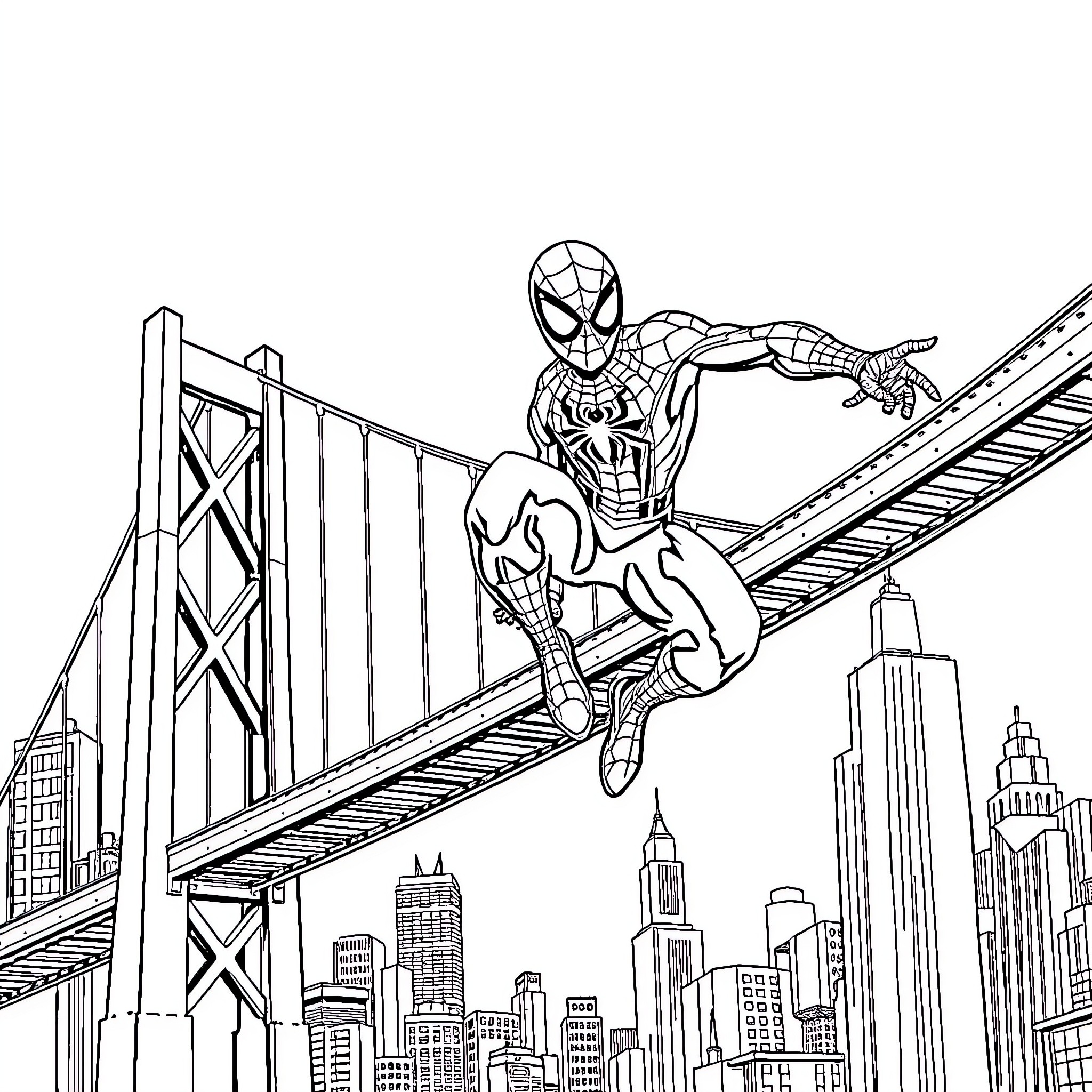 Spider-Man swinging through the city on a web Coloring Page (free black-and-white line drawing printable PDF for all, from beginners to advanced learners, including children, teens, adults, and seniors)