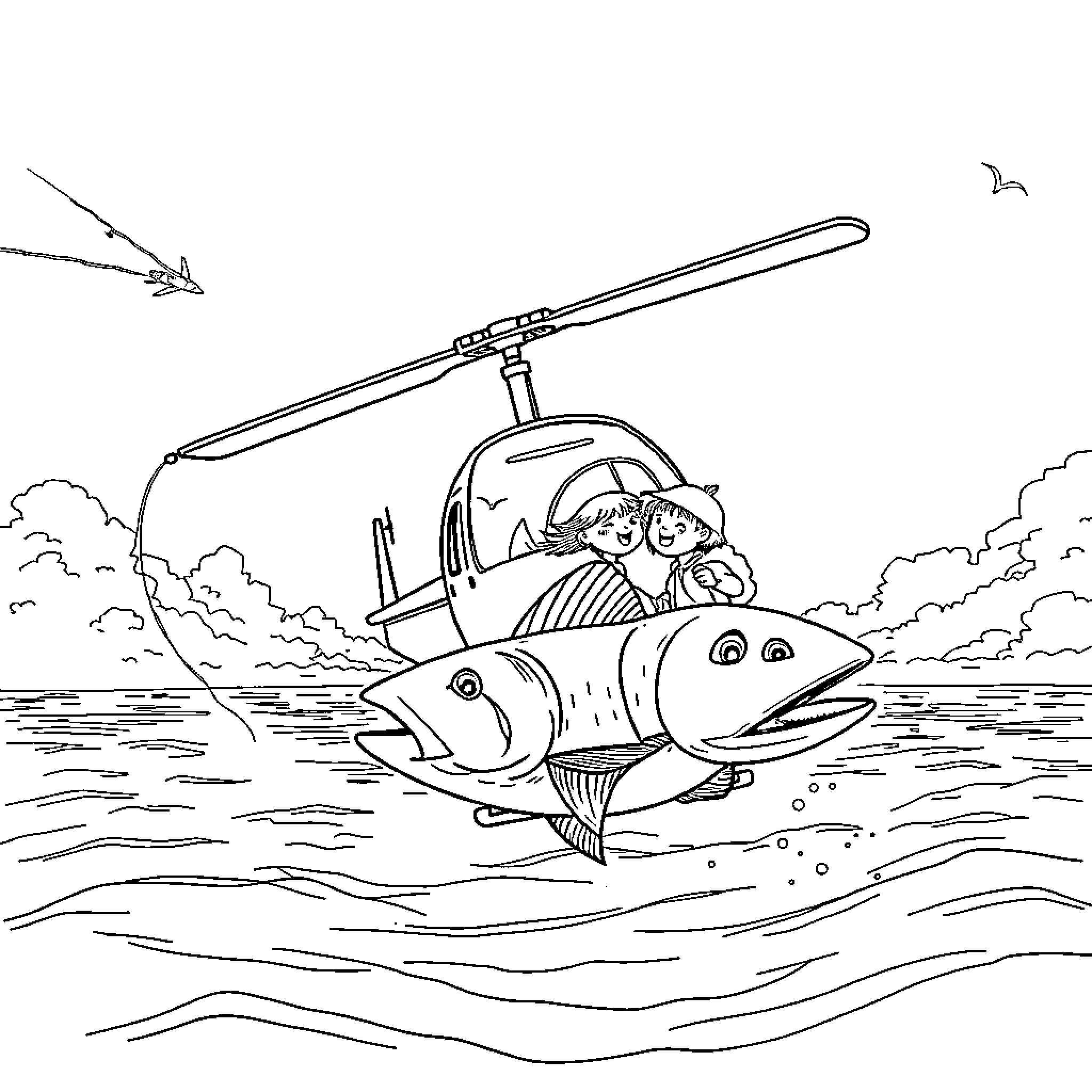 Helicopter flying over water with fish Coloring Page (free black-and-white line drawing printable PDF for all, from beginners to advanced learners, including children, teens, adults, and seniors)