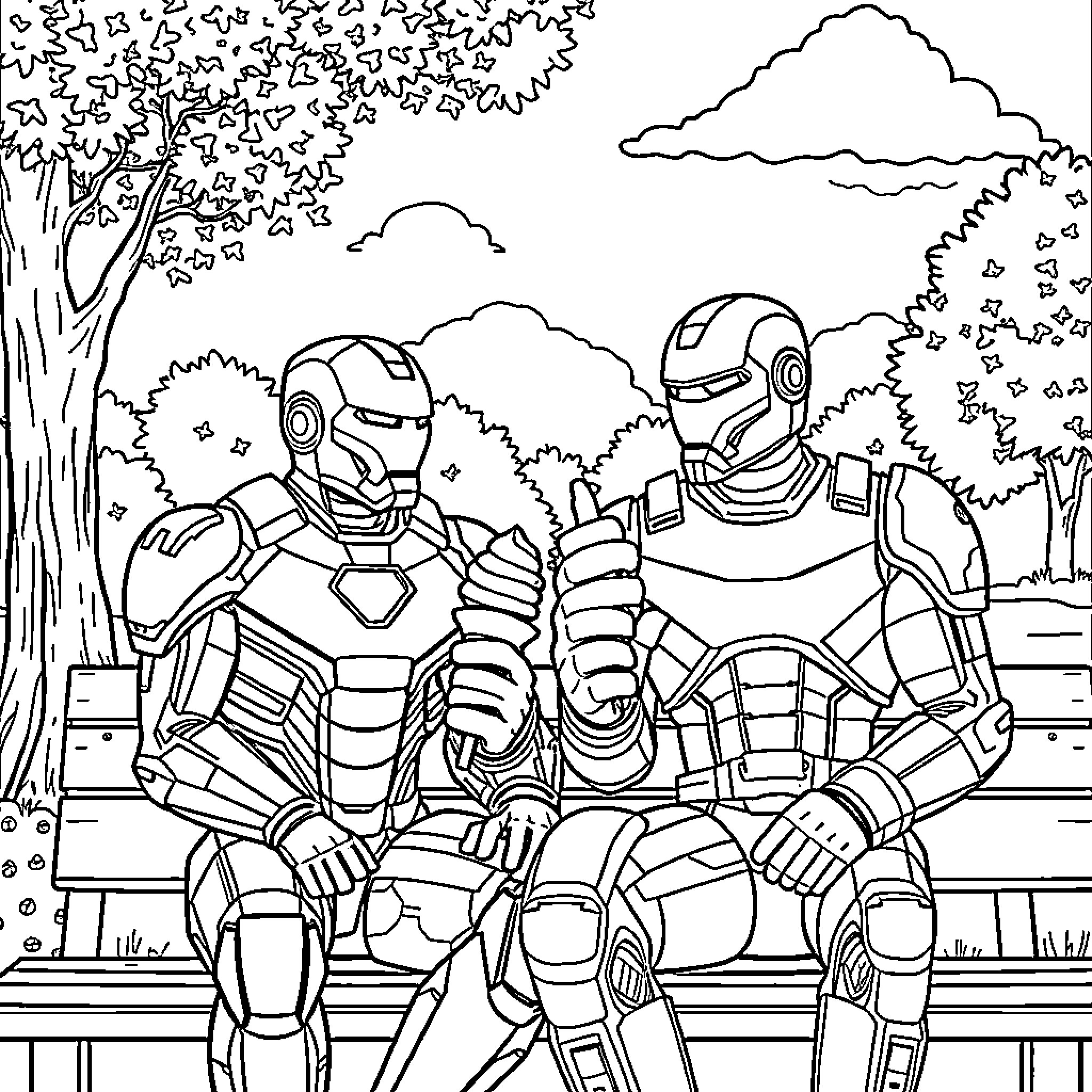 Iron Man Superheroes in Nature Coloring Page (free black-and-white line drawing printable PDF for all, from beginners to advanced learners, including children, teens, adults, and seniors)