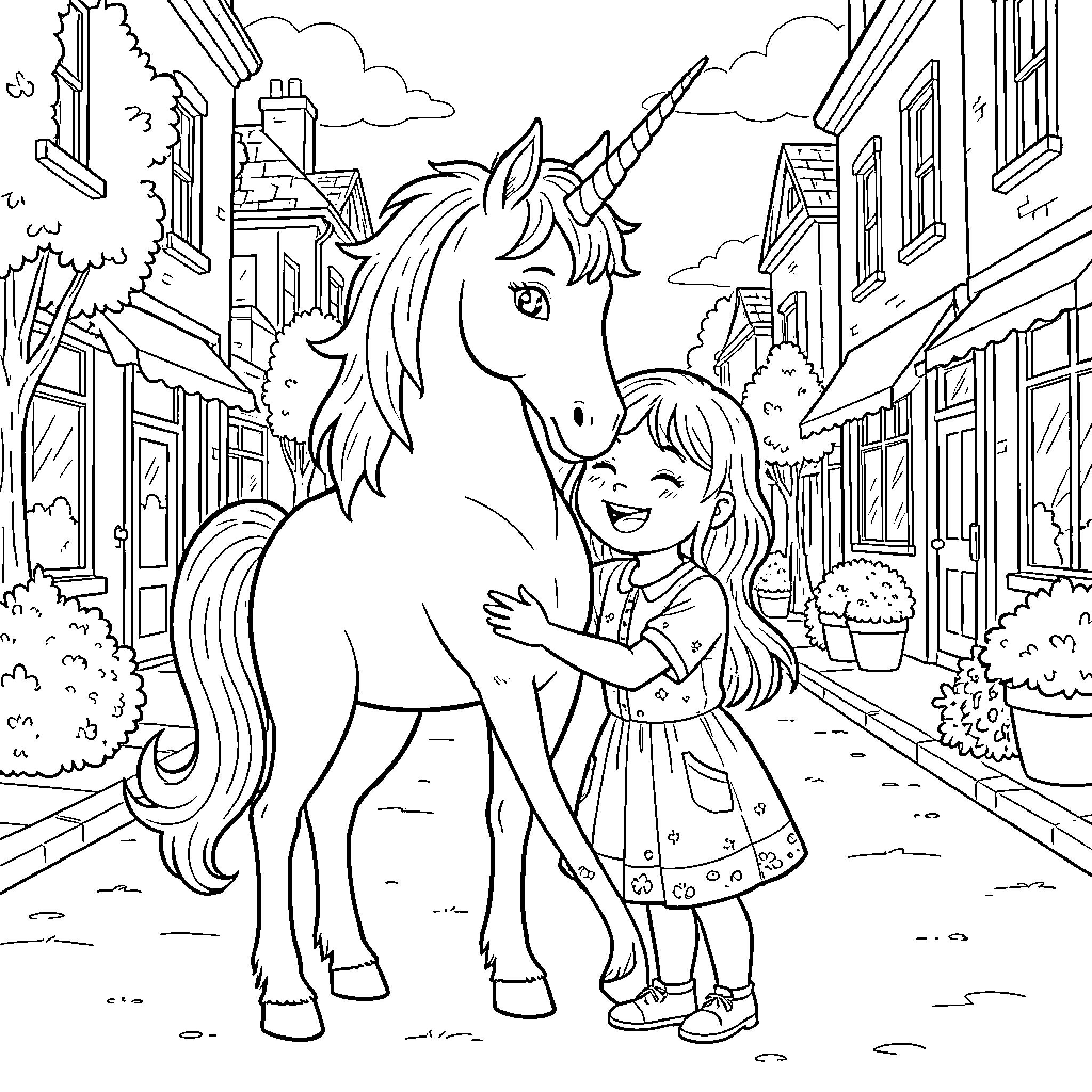Unicorn standing peacefully with a smiling young girl Coloring Page (free black-and-white line drawing printable PDF for all, from beginners to advanced learners, including children, teens, adults, and seniors)