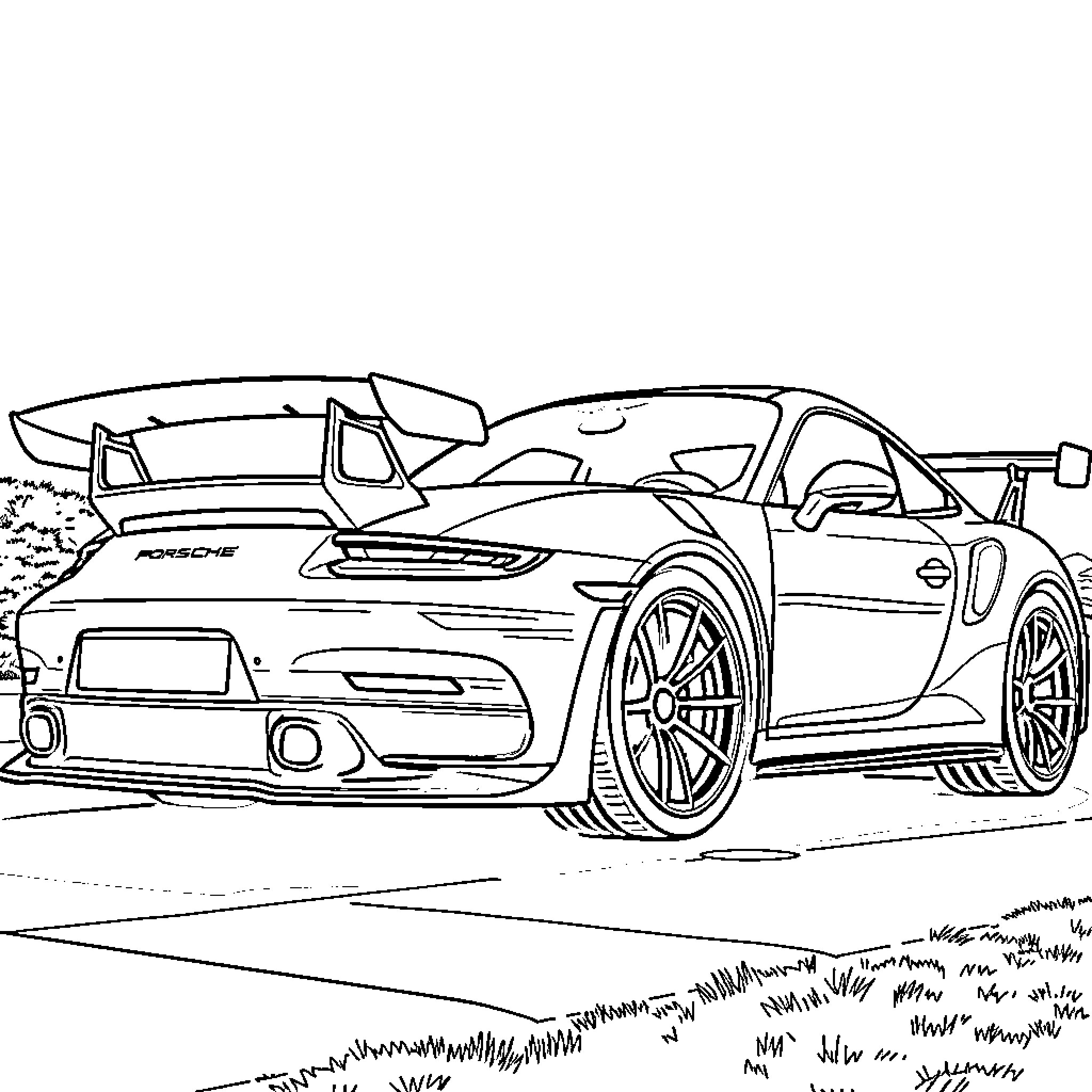 Porsche sports car in action on the road Coloring Page (free black-and-white line drawing printable PDF for all, from beginners to advanced learners, including children, teens, adults, and seniors)