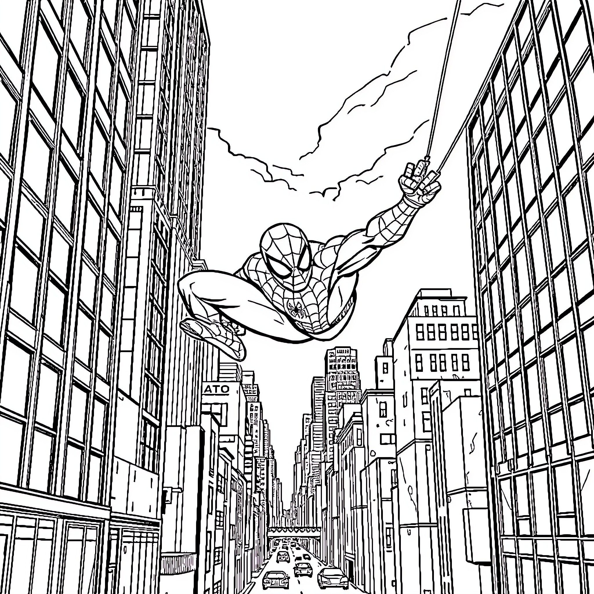 Spiderman swinging through the city skyline Coloring Page (free black-and-white line drawing printable PDF for all, from beginners to advanced learners, including children, teens, adults, and seniors)