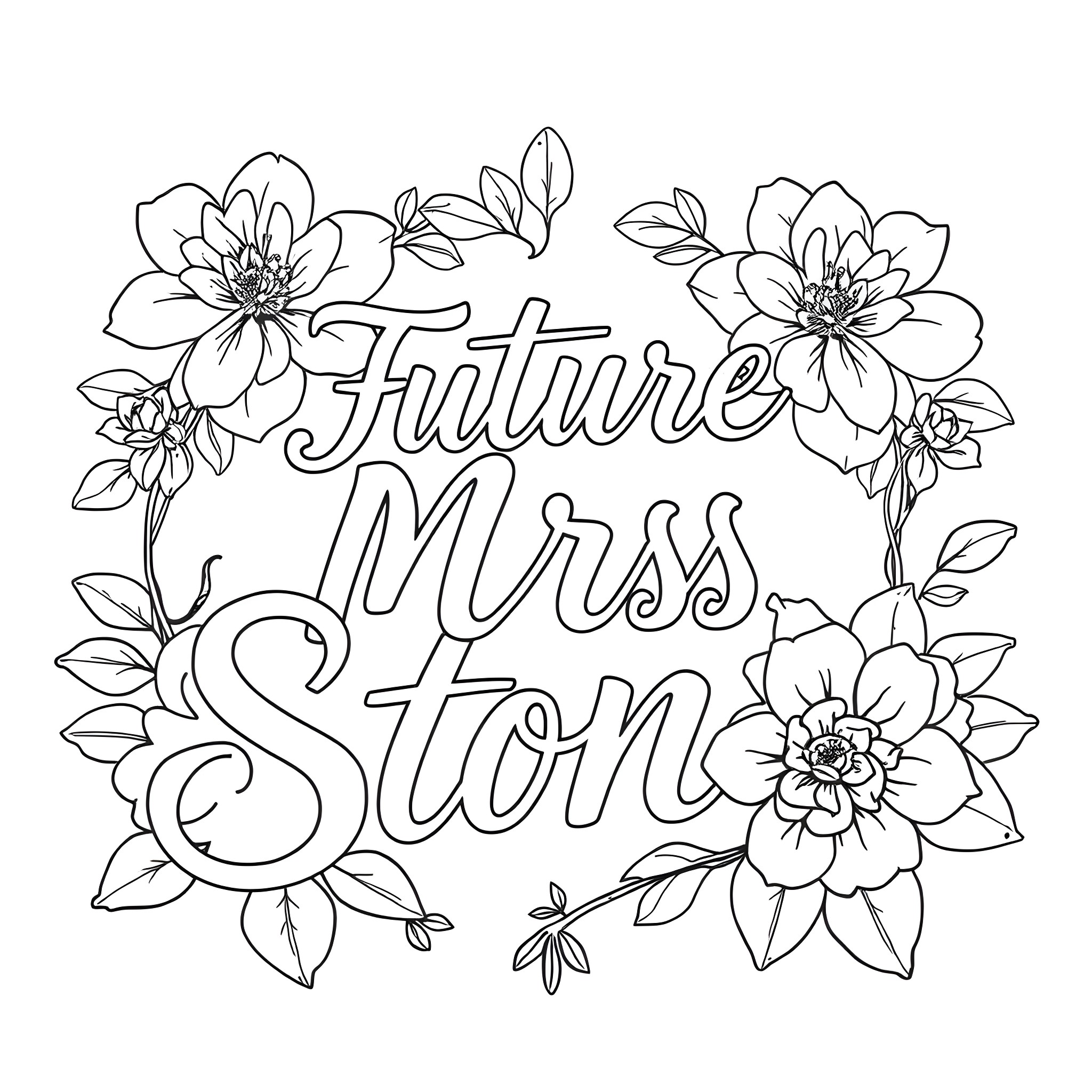 Font with Floral Decorations Coloring Page (free black-and-white line drawing printable PDF for all, from beginners to advanced learners, including children, teens, adults, and seniors)