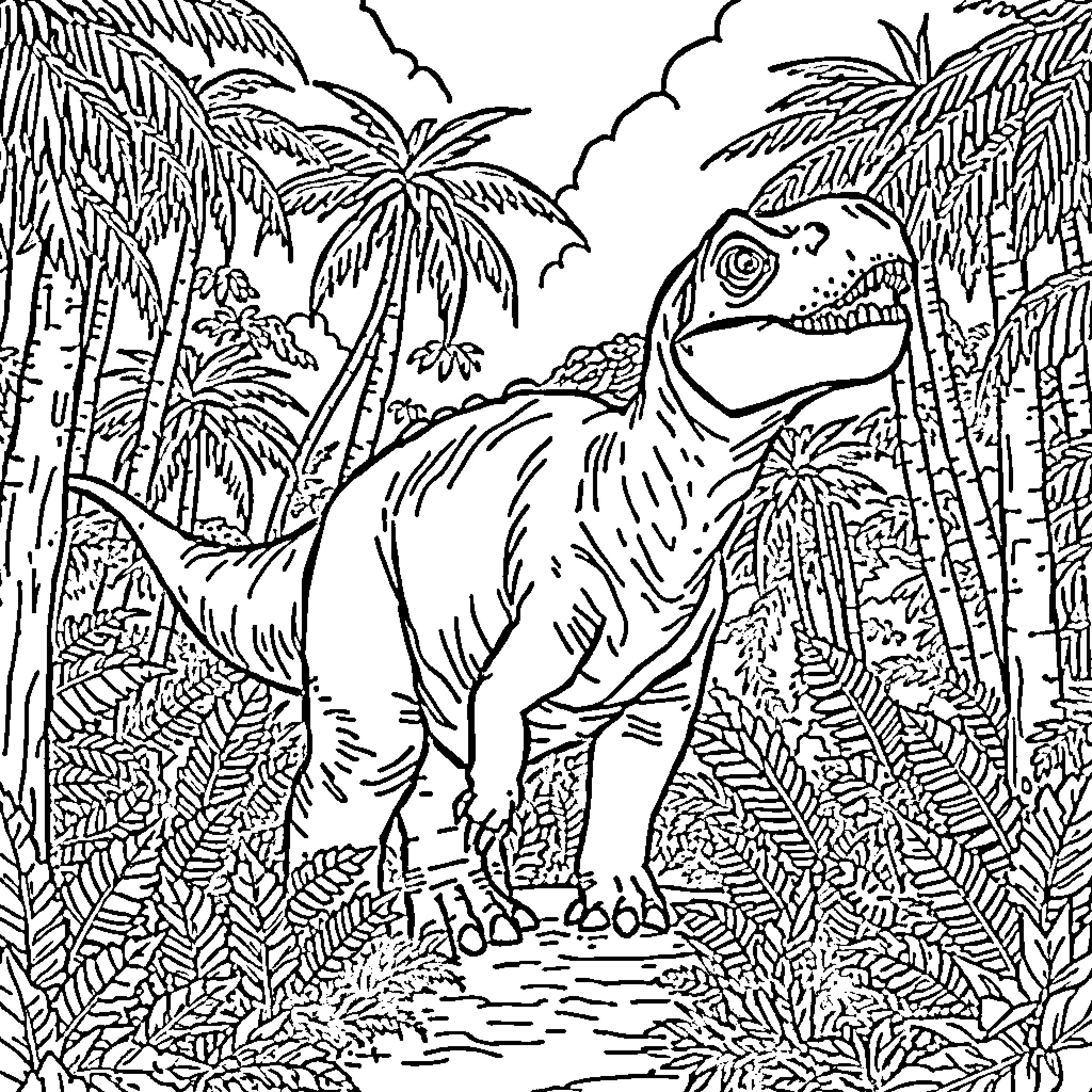 Dinosaur roaming through the lush tropical jungle Coloring Page (free black-and-white line drawing printable PDF for all, from beginners to advanced learners, including children, teens, adults, and seniors)