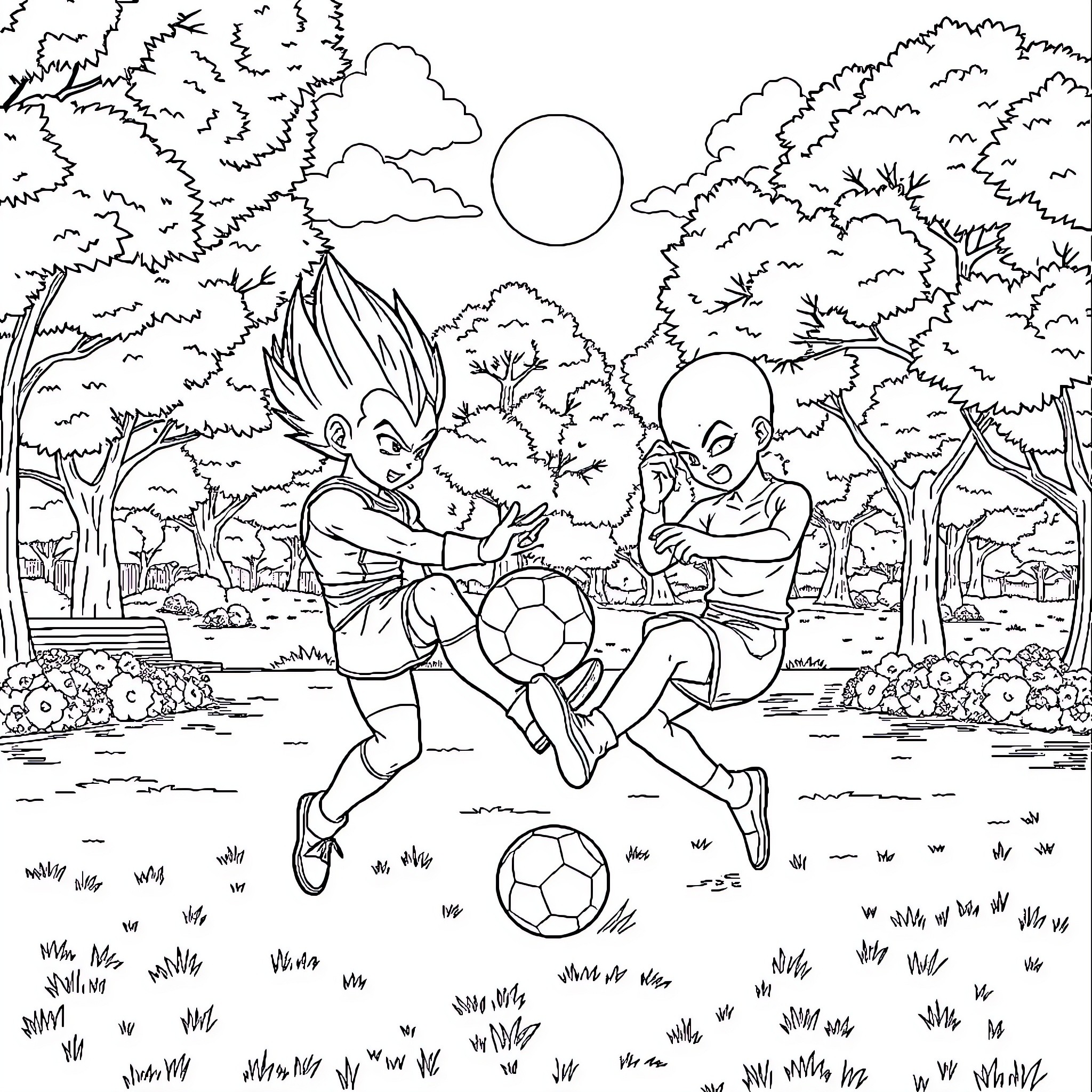 Vegeta characters playing soccer in a forest Coloring Page (free black-and-white line drawing printable PDF for all, from beginners to advanced learners, including children, teens, adults, and seniors)