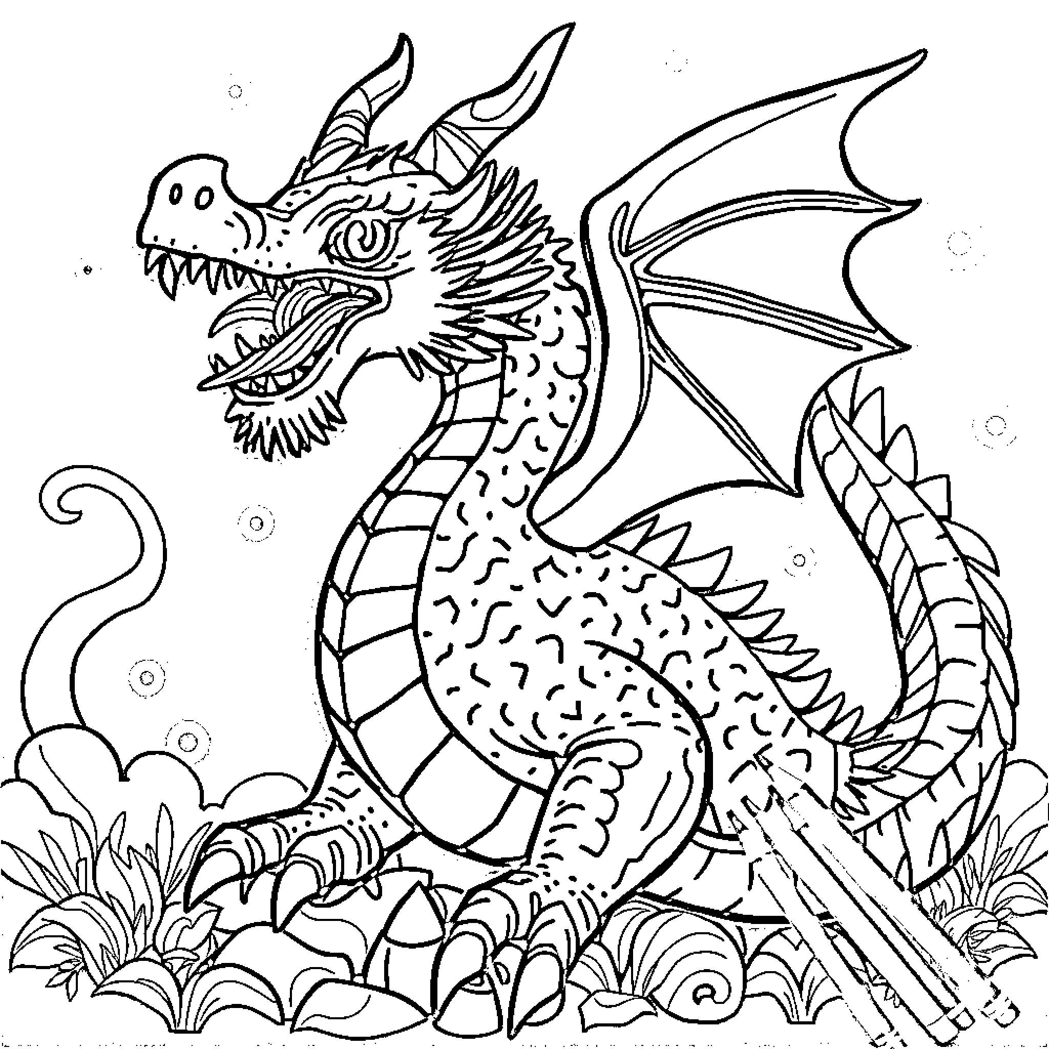 Dragon emerging from mystical forest Coloring Page (free black-and-white line drawing printable PDF for all, from beginners to advanced learners, including children, teens, adults, and seniors)