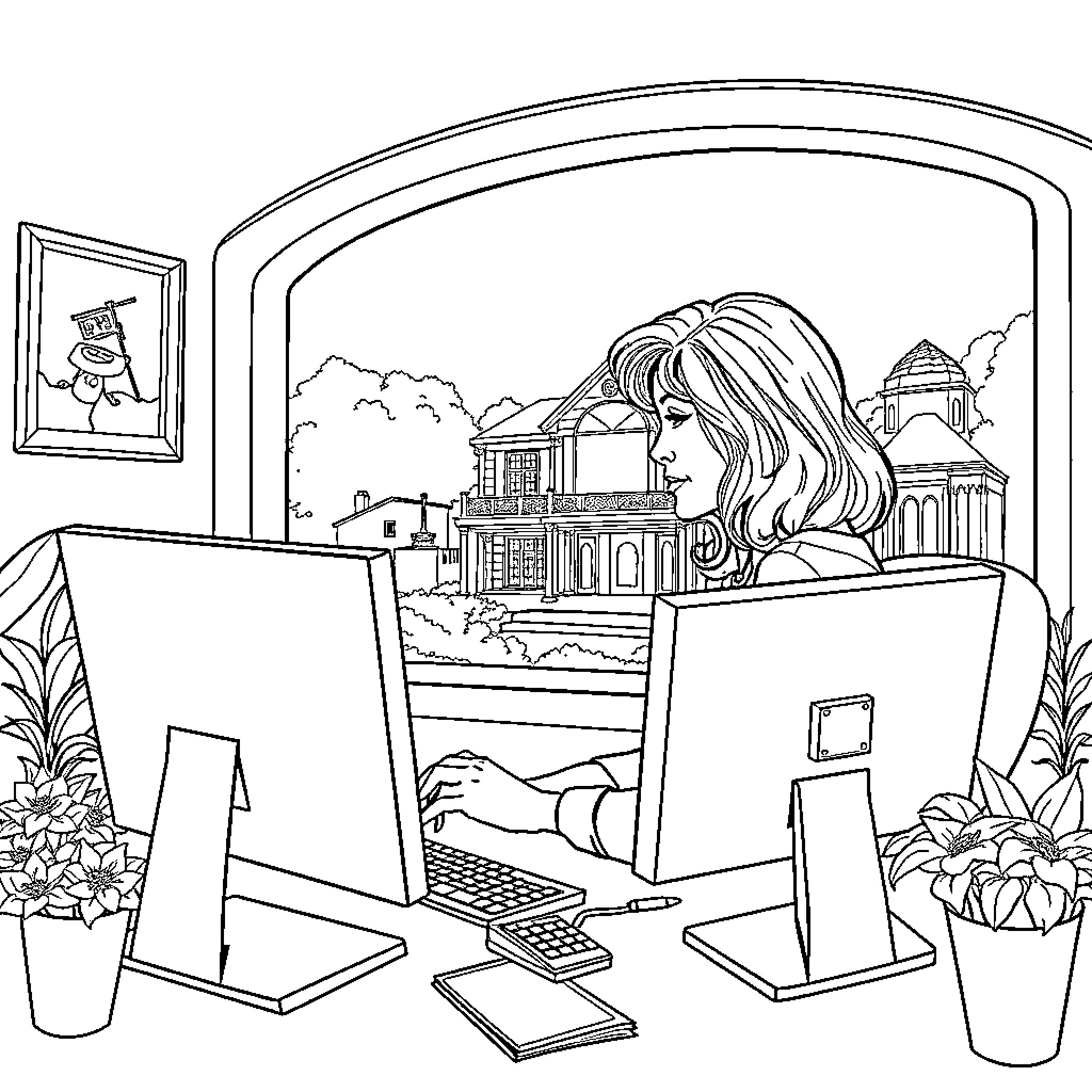 Barbra Streisand working diligently at her computer Coloring Page (free black-and-white line drawing printable PDF for all, from beginners to advanced learners, including children, teens, adults, and seniors)