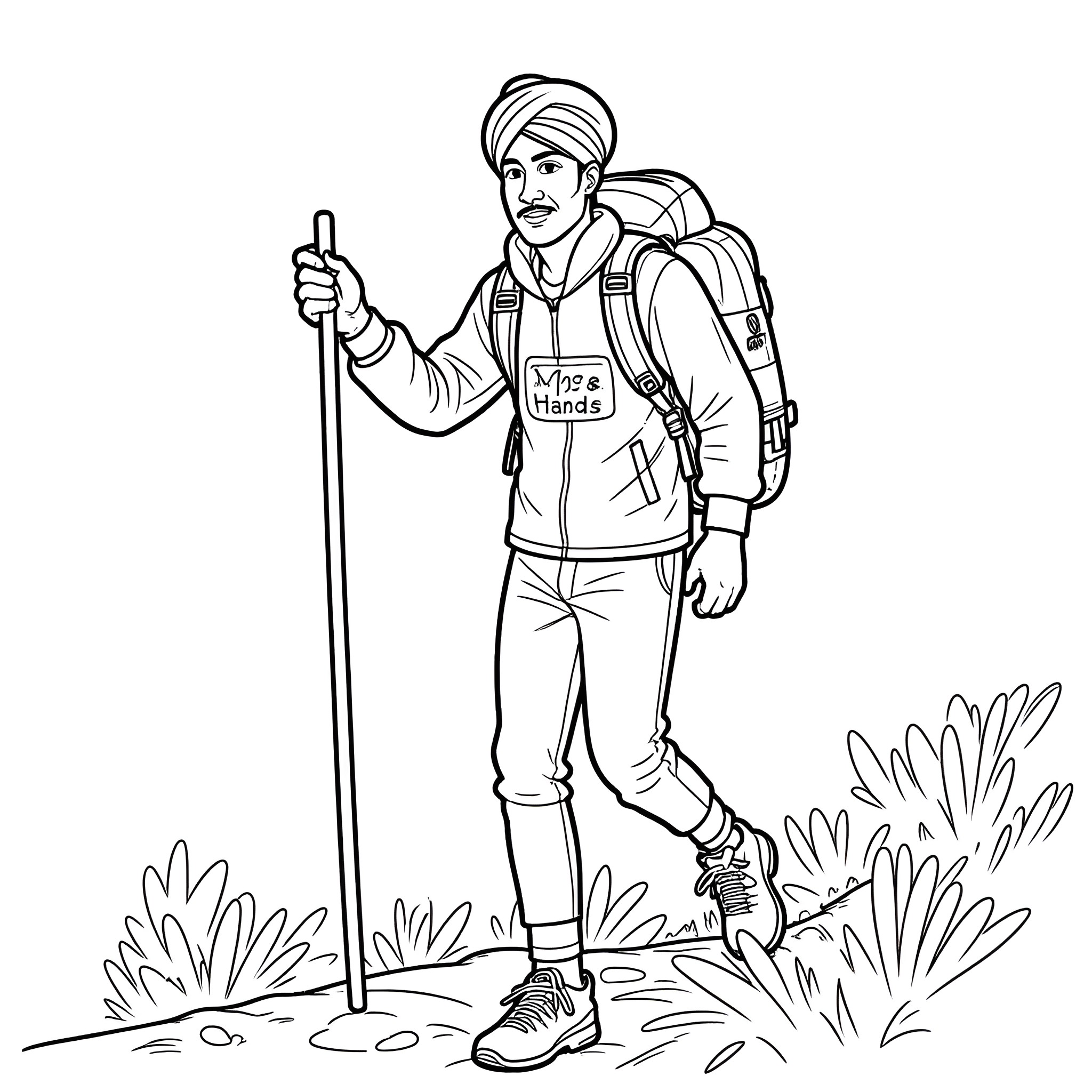 Man with hiking gear exploring nature Coloring Page (free black-and-white line drawing printable PDF for all, from beginners to advanced learners, including children, teens, adults, and seniors)