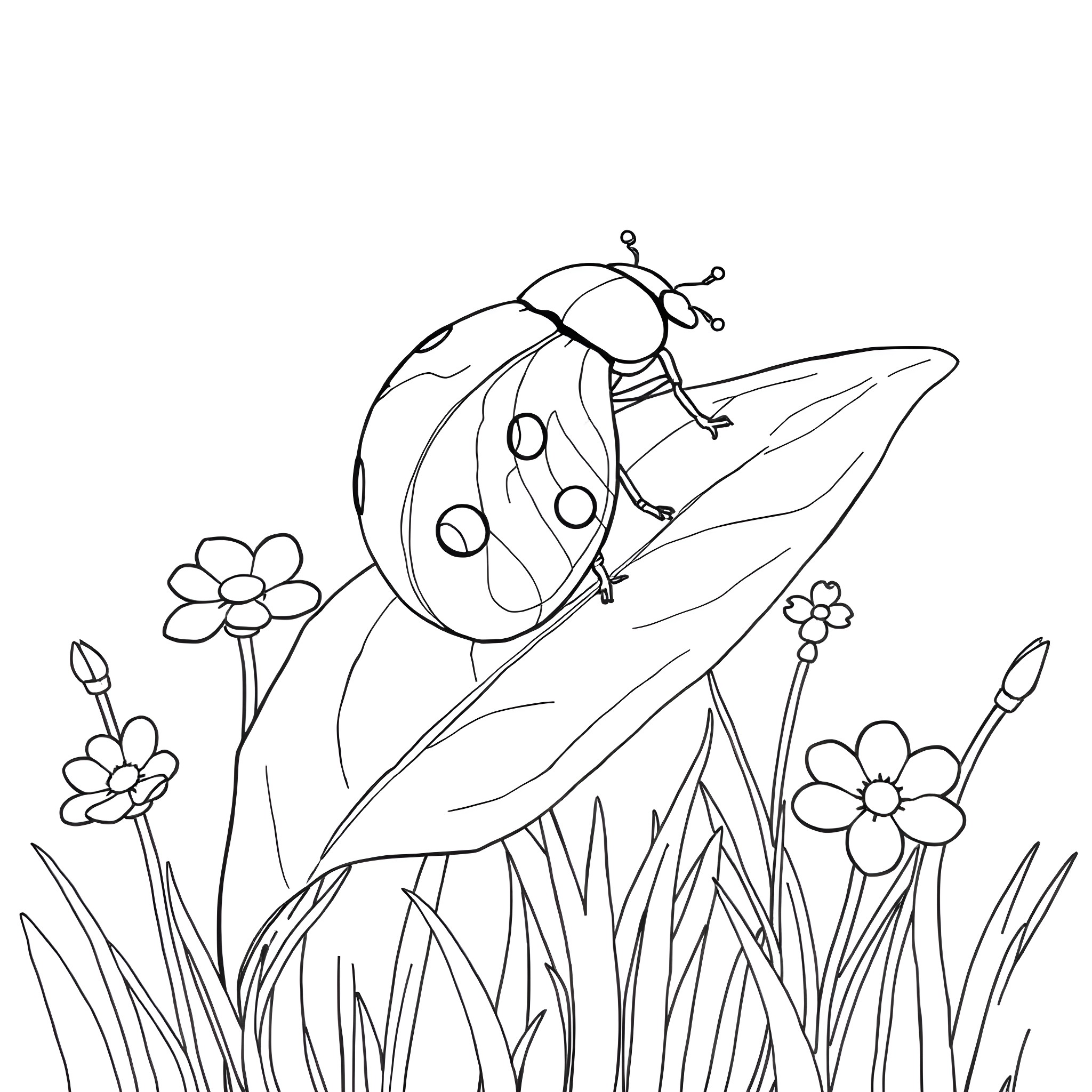 Ladybug exploring the flower garden Coloring Page (free black-and-white line drawing printable PDF for all, from beginners to advanced learners, including children, teens, adults, and seniors)