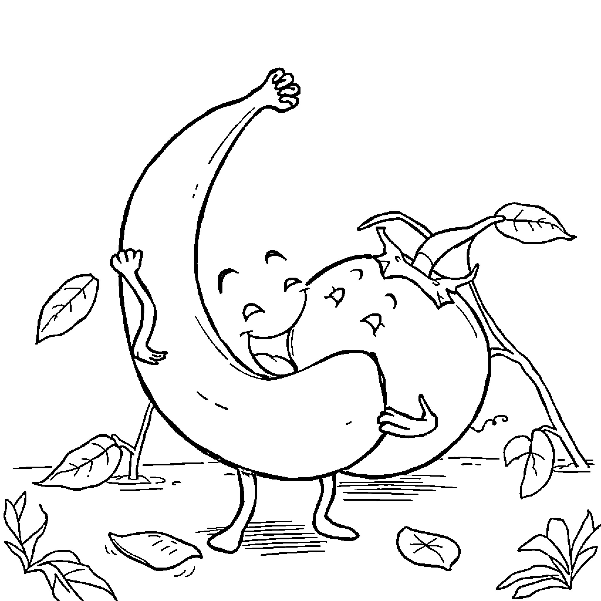 Banana characters dancing joyfully in nature Coloring Page (free black-and-white line drawing printable PDF for all, from beginners to advanced learners, including children, teens, adults, and seniors)
