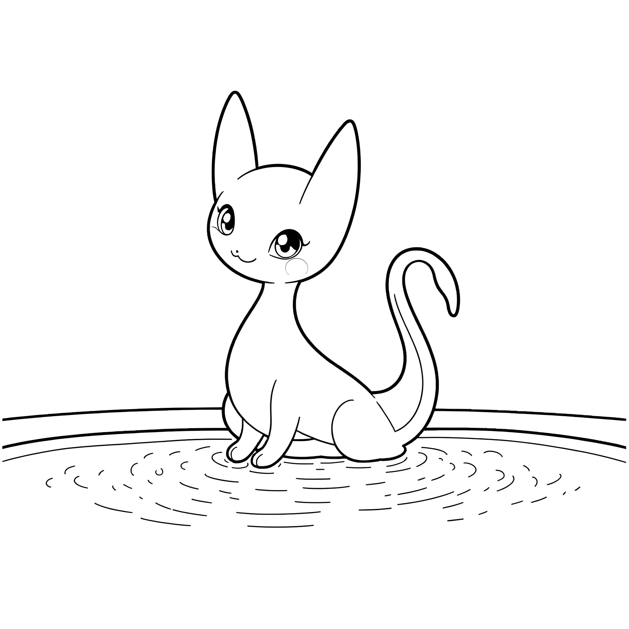Mewtwo's Cute Kitten-like Companion in Water Coloring Page (free black-and-white line drawing printable PDF for all, from beginners to advanced learners, including children, teens, adults, and seniors)