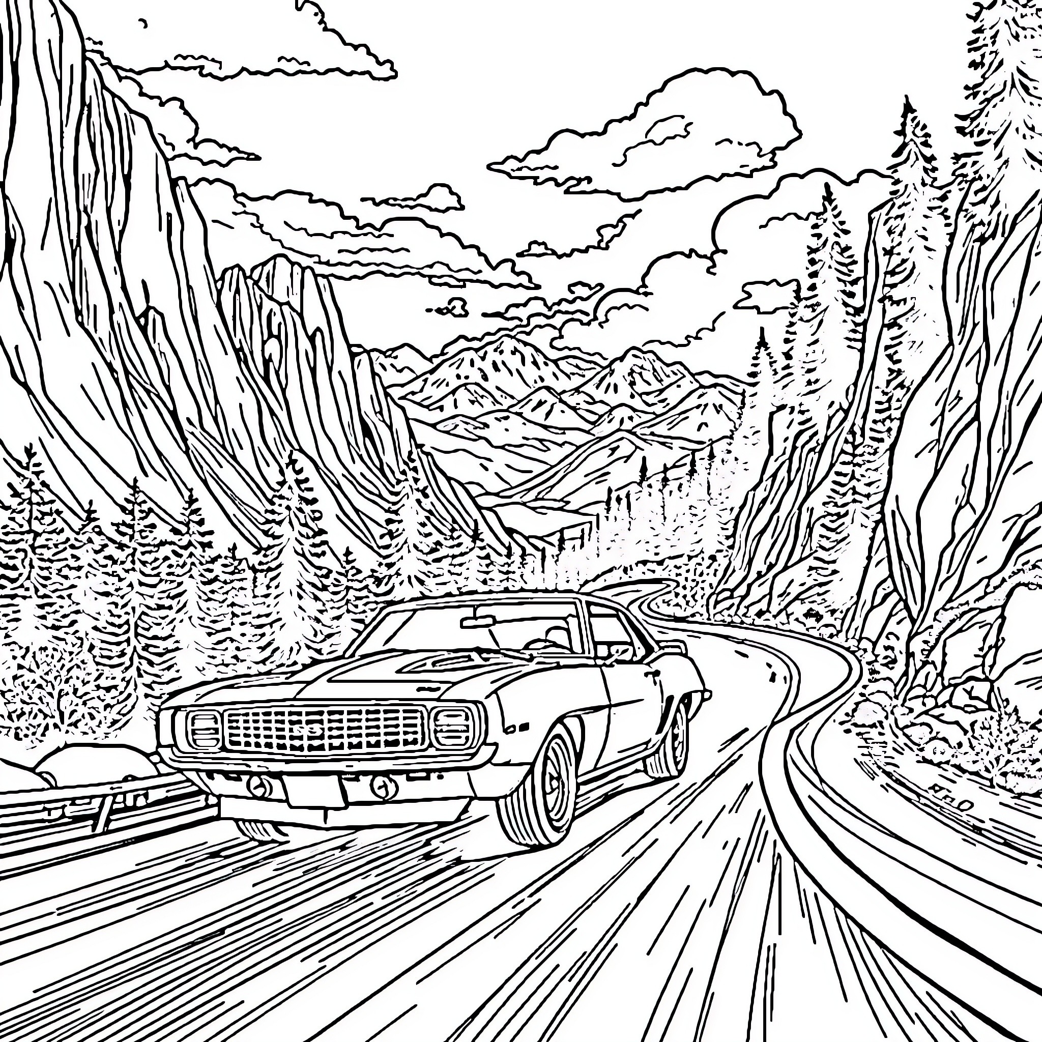 Camaro speeding through scenic mountain landscape Coloring Page (free black-and-white line drawing printable PDF for all, from beginners to advanced learners, including children, teens, adults, and seniors)