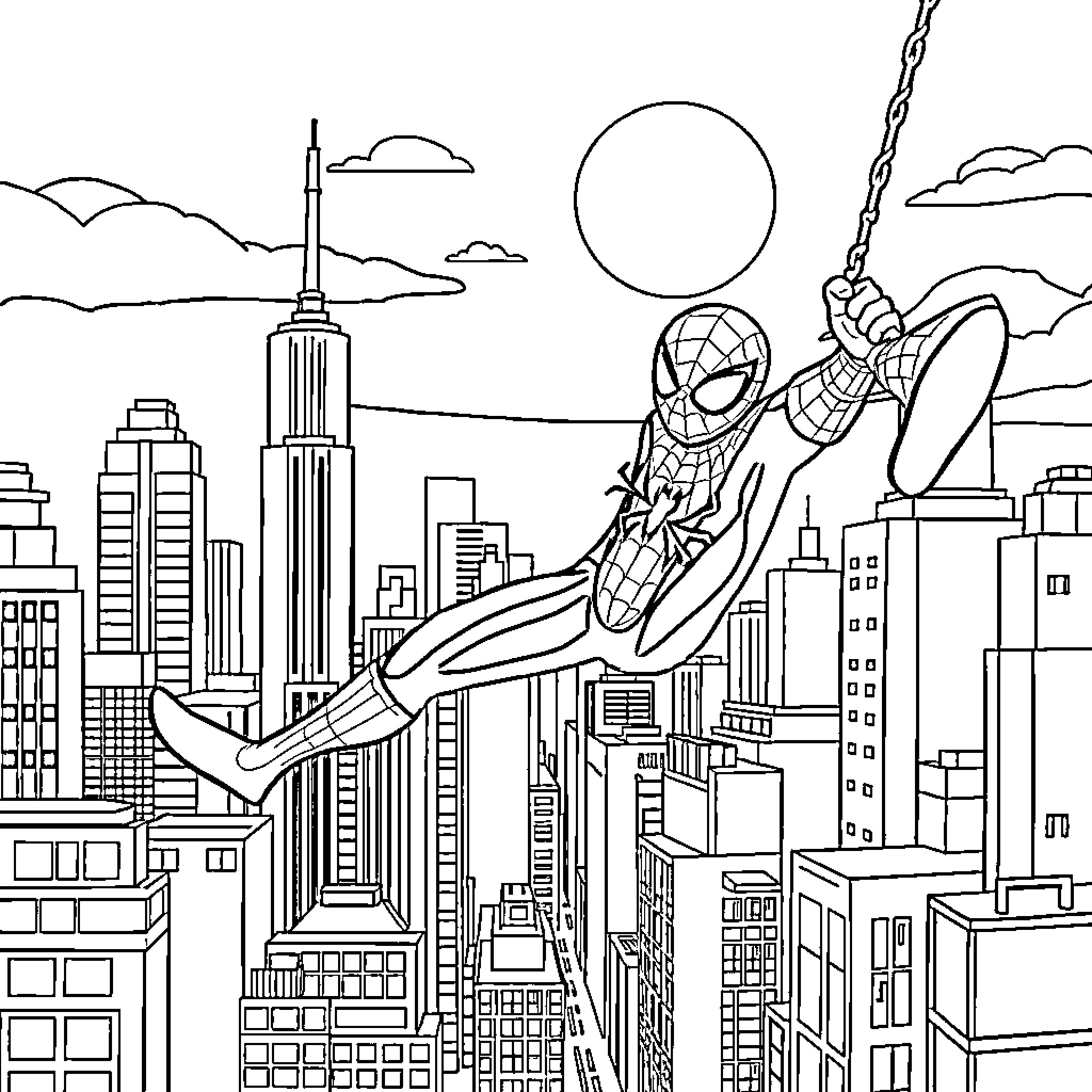 Spiderman swinging through the cityscape Coloring Page (free black-and-white line drawing printable PDF for all, from beginners to advanced learners, including children, teens, adults, and seniors)