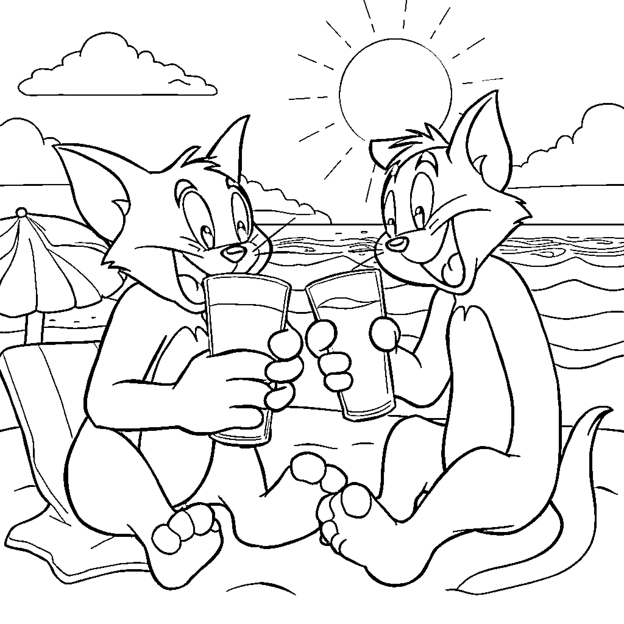 Tom and Jerry enjoying beach drinks together Coloring Page (free black-and-white line drawing printable PDF for all, from beginners to advanced learners, including children, teens, adults, and seniors)