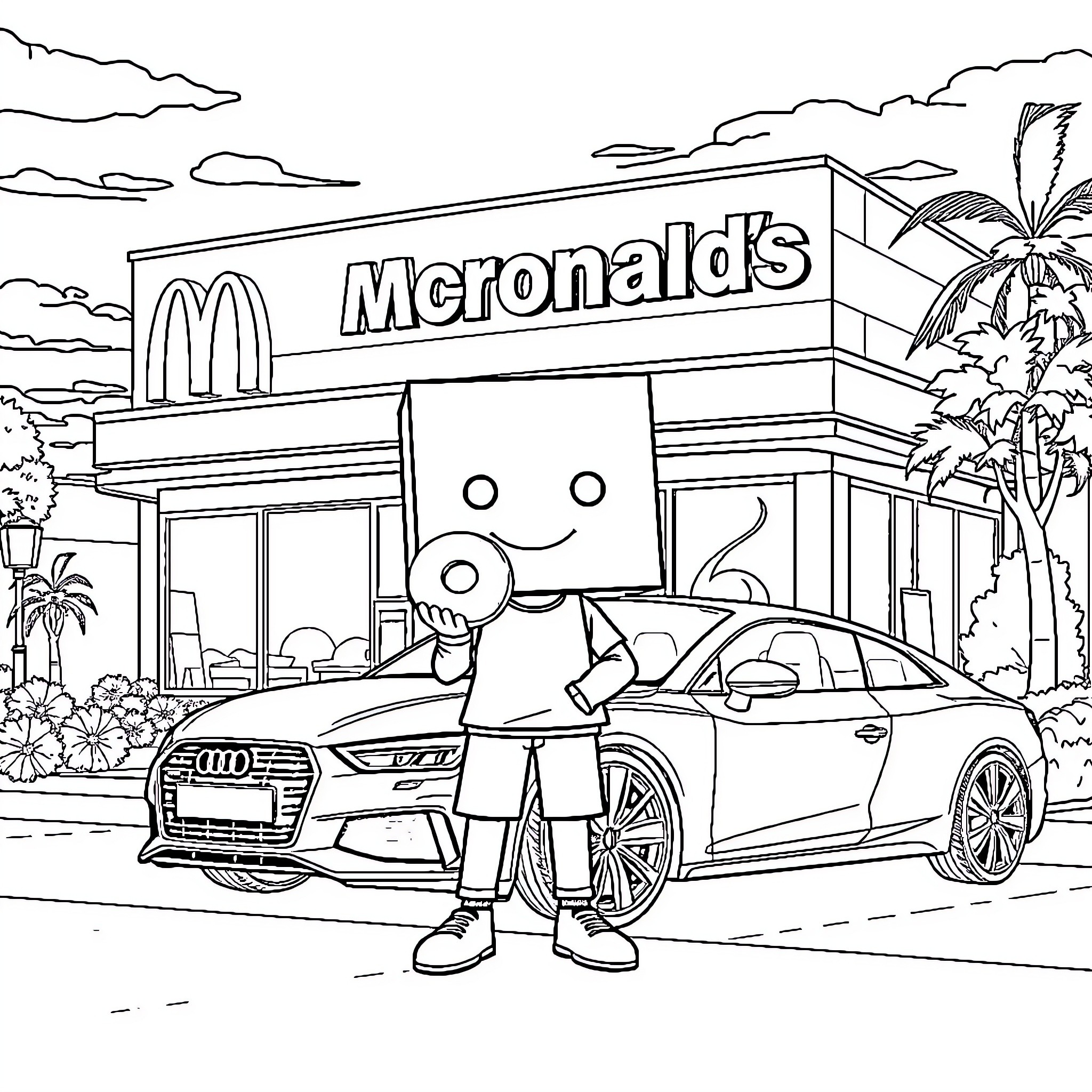 Box-Head character visiting a fast-food restaurant Coloring Page (free black-and-white line drawing printable PDF for all, from beginners to advanced learners, including children, teens, adults, and seniors)