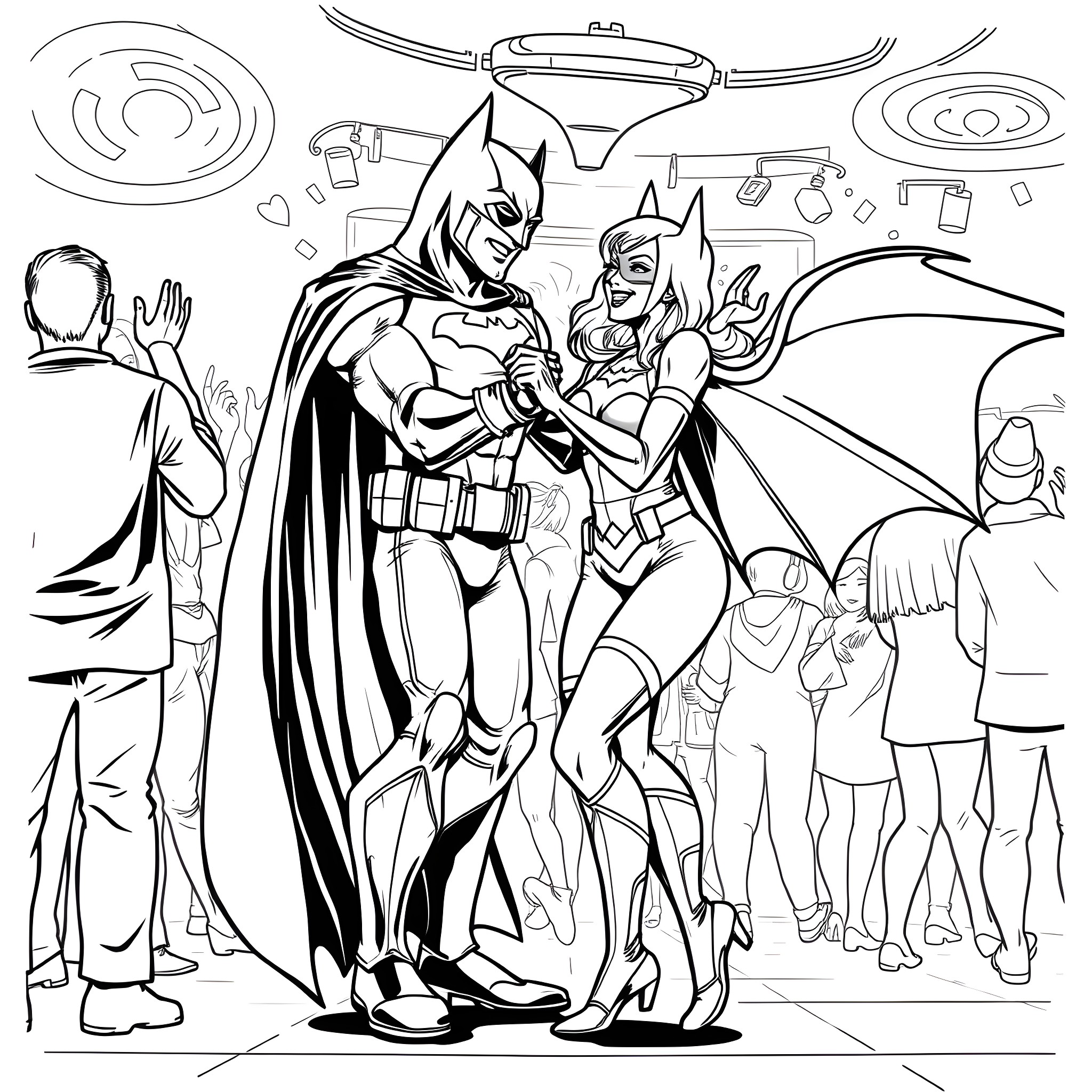 Batman and Batgirl in Action Coloring Page (free black-and-white line drawing printable PDF for all, from beginners to advanced learners, including children, teens, adults, and seniors)