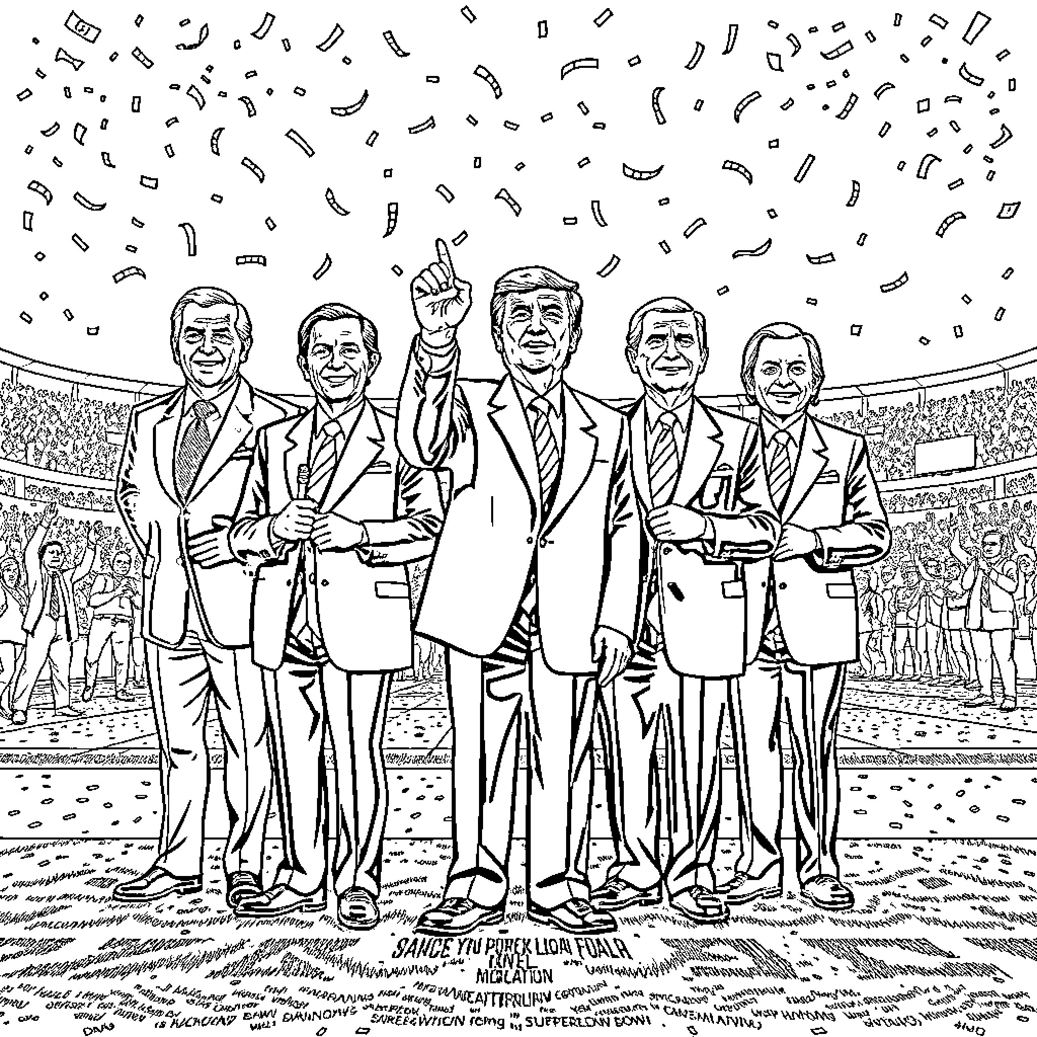 President Celebrating Victory with Supporters at Stadium Coloring Page (free black-and-white line drawing printable PDF for all, from beginners to advanced learners, including children, teens, adults, and seniors)
