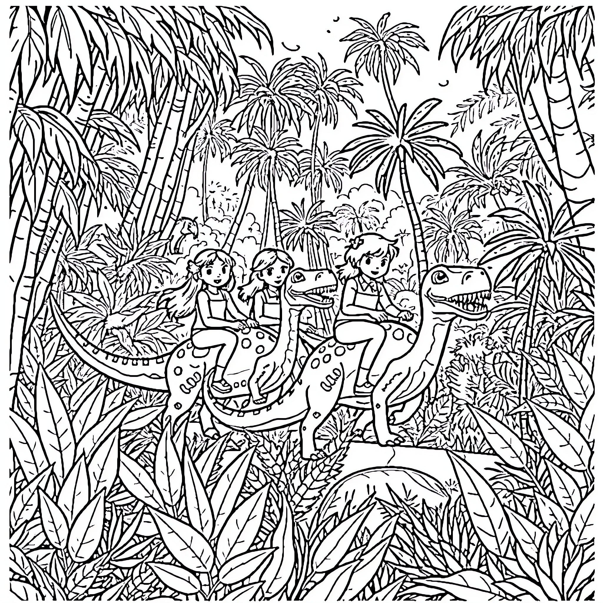 Dinosaur Riders Exploring Lush Tropical Jungle Coloring Page (free black-and-white line drawing printable PDF for all, from beginners to advanced learners, including children, teens, adults, and seniors)