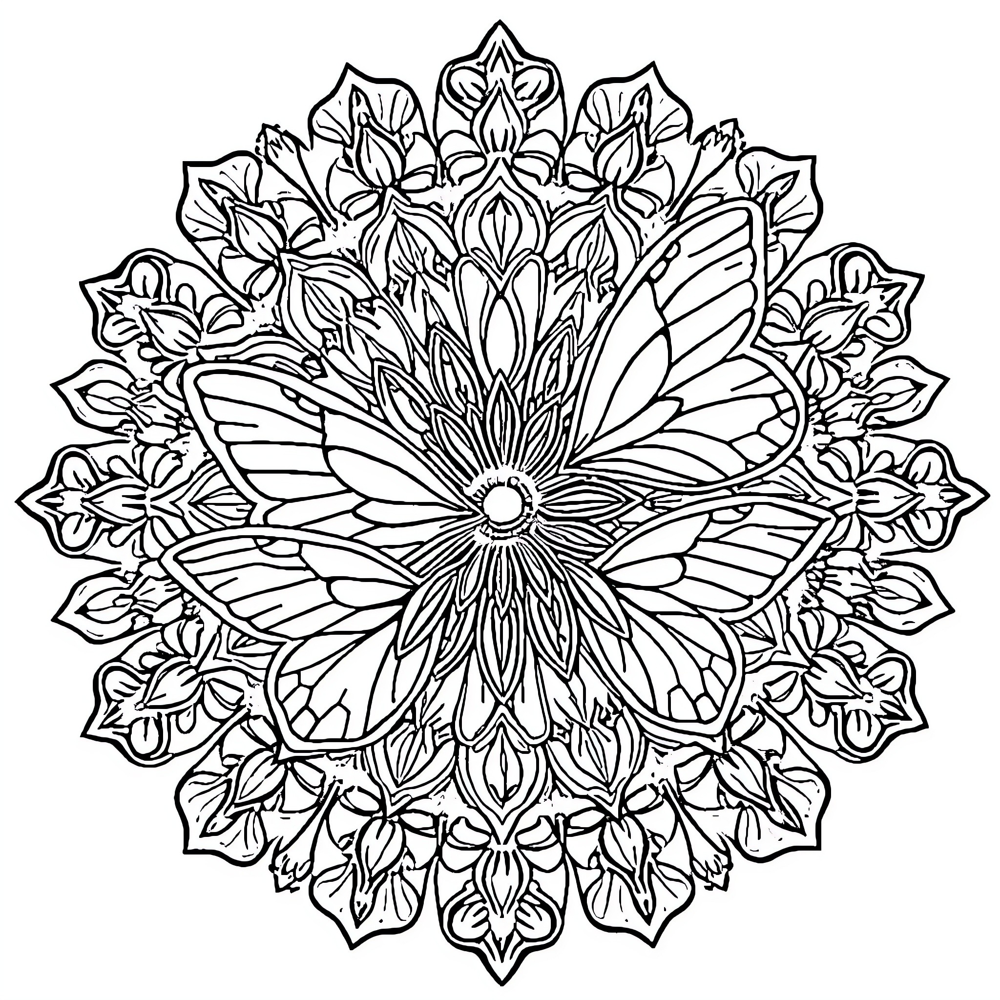 Butterfly Mandala with Intricate Floral Patterns Coloring Page (free black-and-white line drawing printable PDF for all, from beginners to advanced learners, including children, teens, adults, and seniors)