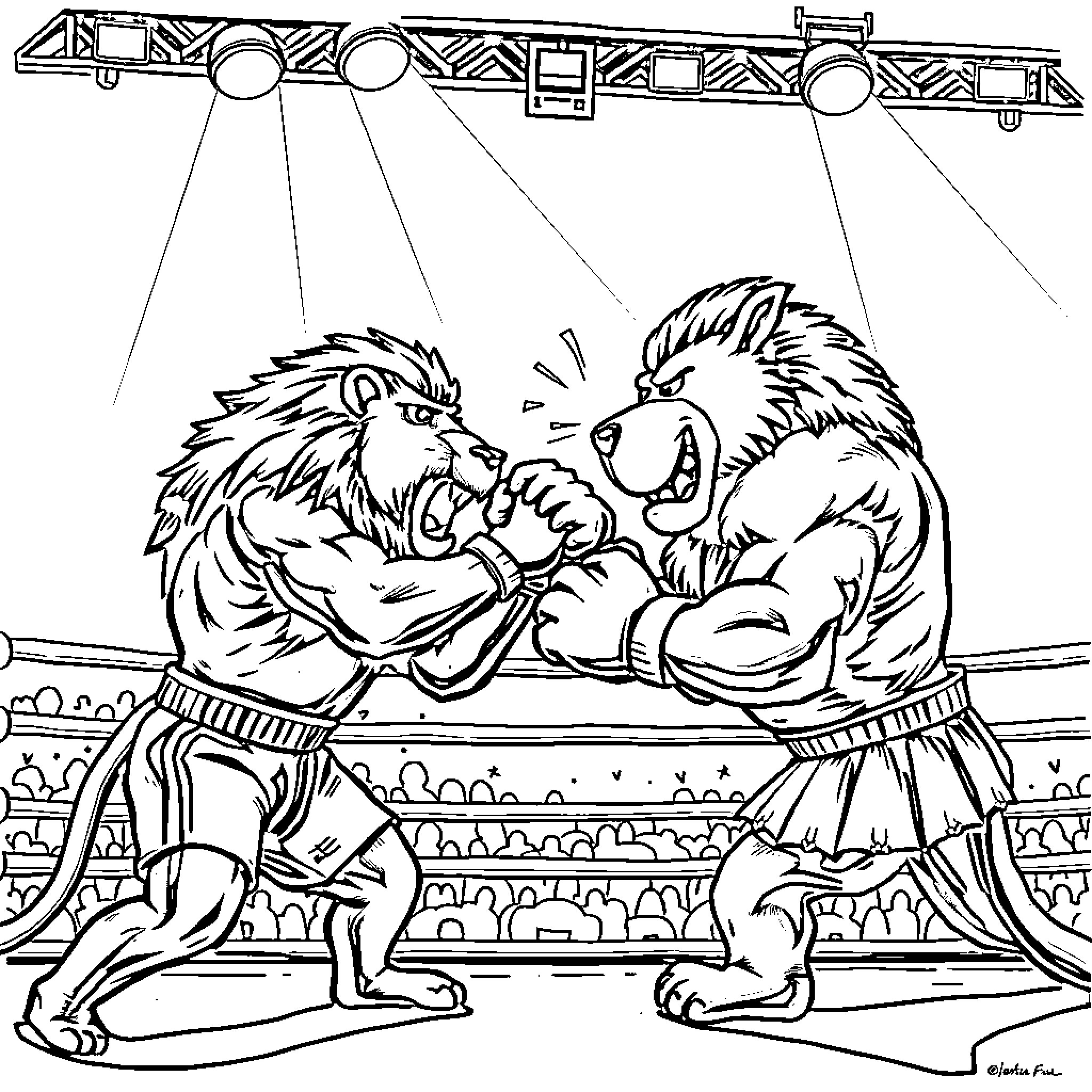 Lion wrestling in a circus ring Coloring Page (free black-and-white line drawing printable PDF for all, from beginners to advanced learners, including children, teens, adults, and seniors)