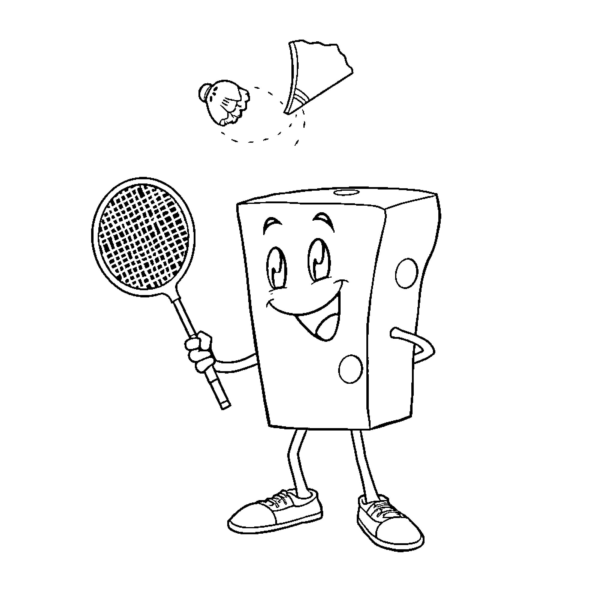 Cheese Playing Happily with Racket and Airplane Coloring Page (free black-and-white line drawing printable PDF for all, from beginners to advanced learners, including children, teens, adults, and seniors)