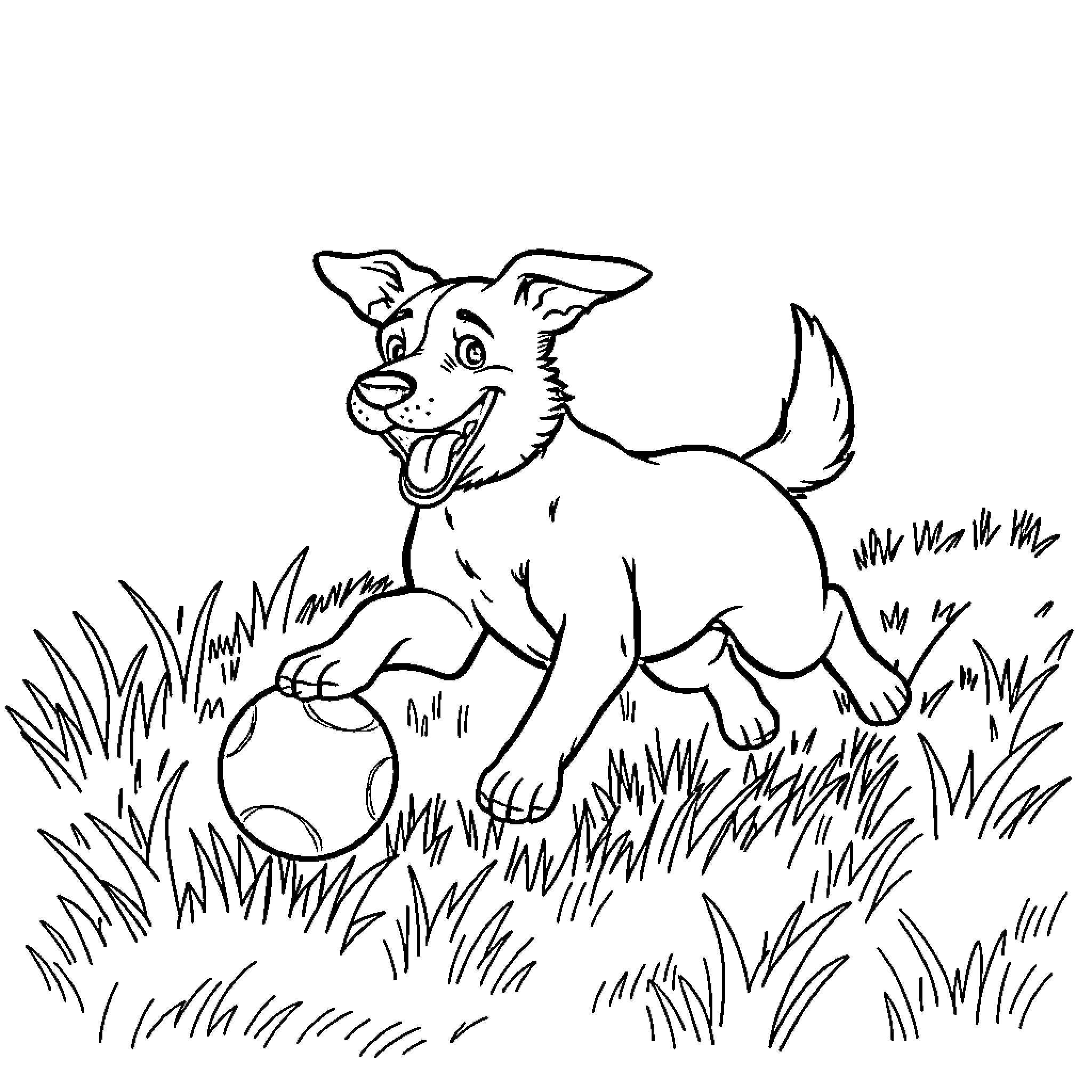 Dog playing joyfully with ball in grassy field Coloring Page (free black-and-white line drawing printable PDF for all, from beginners to advanced learners, including children, teens, adults, and seniors)