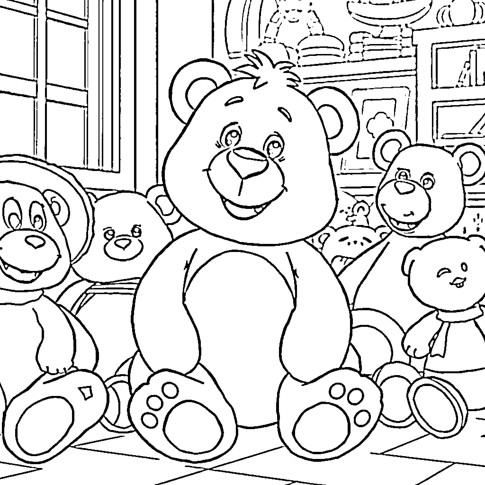 Lotso and Friends Gathered for Playtime Coloring Page (free black-and-white line drawing printable PDF for all, from beginners to advanced learners, including children, teens, adults, and seniors)