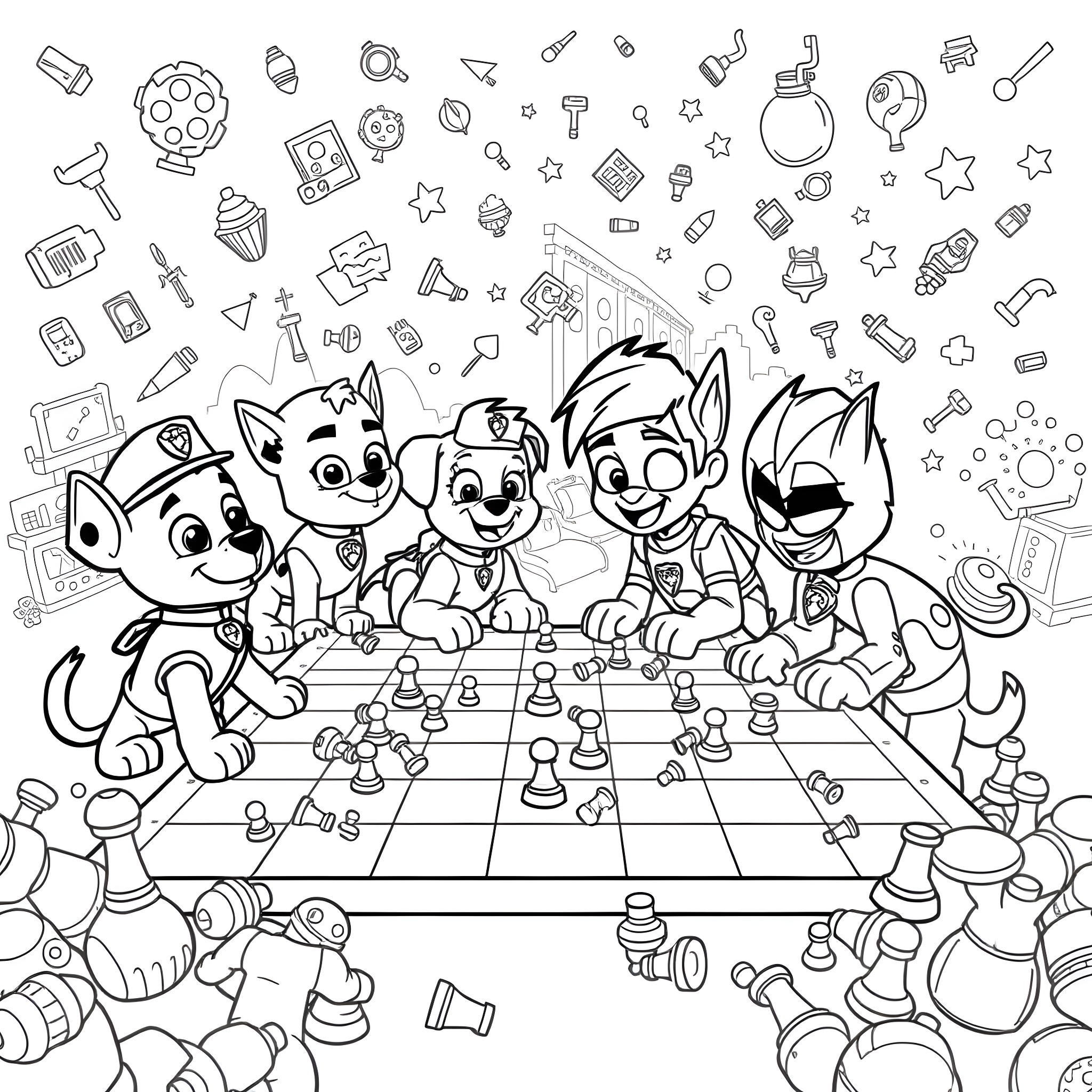 Paw Patrol Puppies Playing Chess with Toys Coloring Page (free black-and-white line drawing printable PDF for all, from beginners to advanced learners, including children, teens, adults, and seniors)