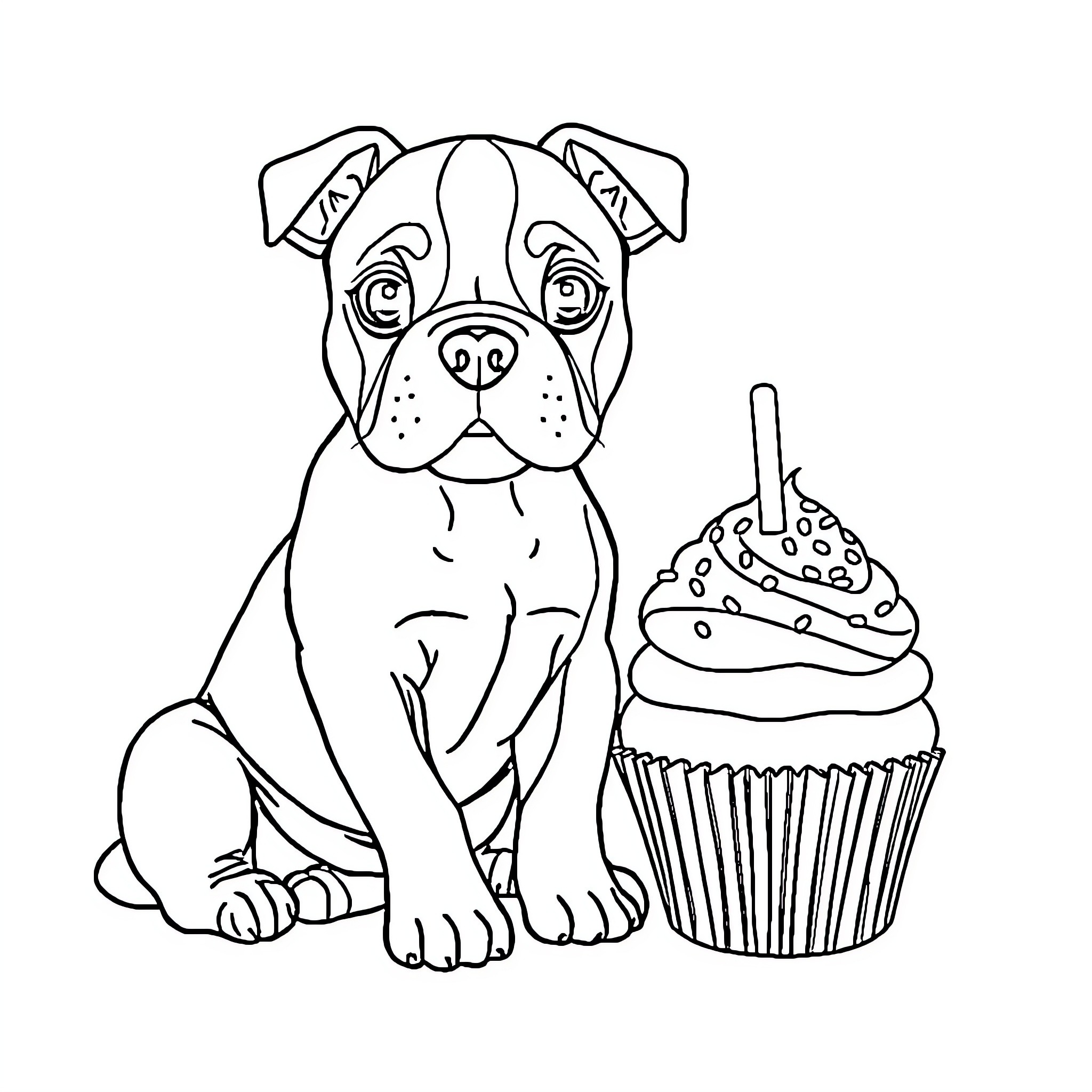 Pit Bull pup with a delicious cupcake treat Coloring Page (free black-and-white line drawing printable PDF for all, from beginners to advanced learners, including children, teens, adults, and seniors)