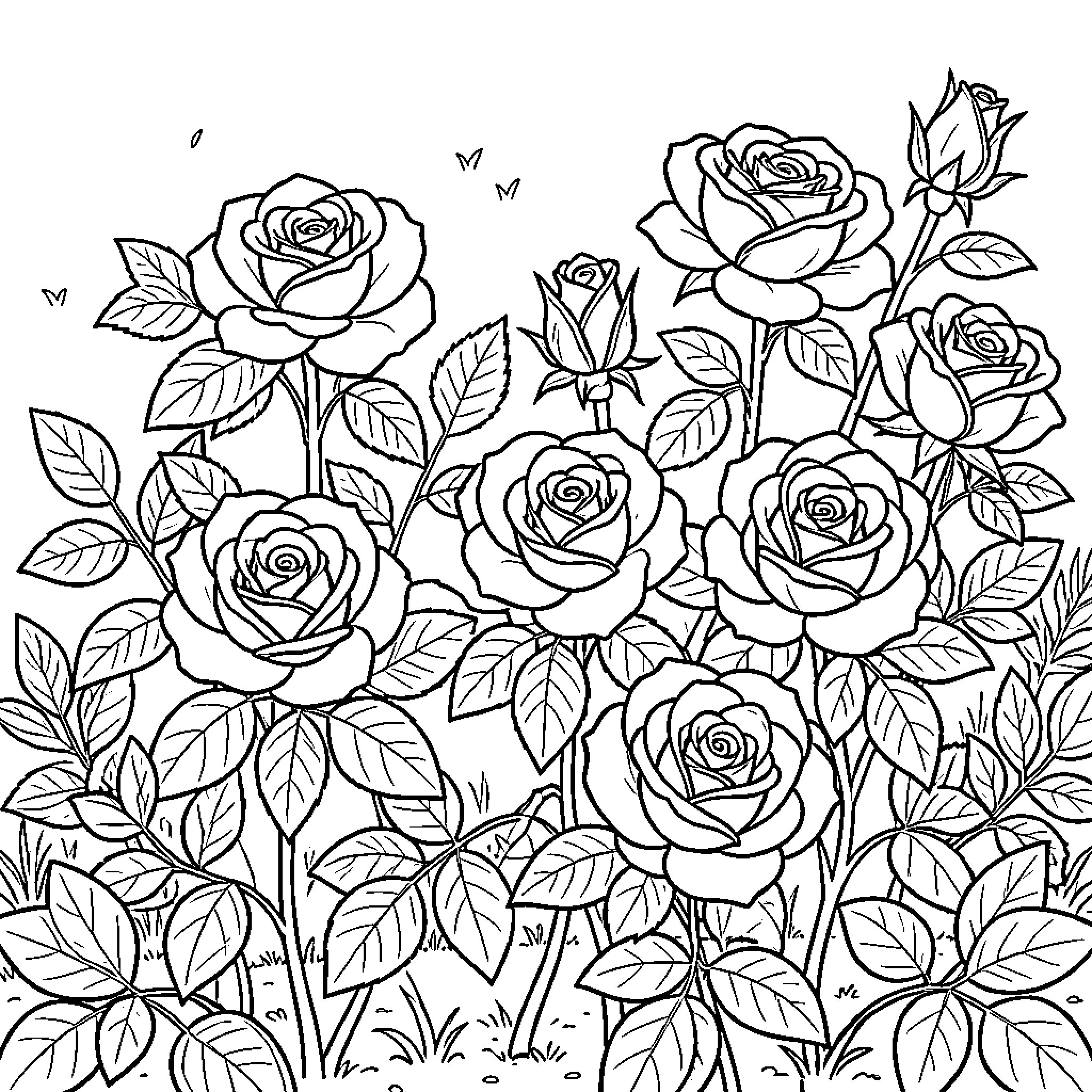 Rose garden with blooming flowers and tiny insects Coloring Page (free black-and-white line drawing printable PDF for all, from beginners to advanced learners, including children, teens, adults, and seniors)