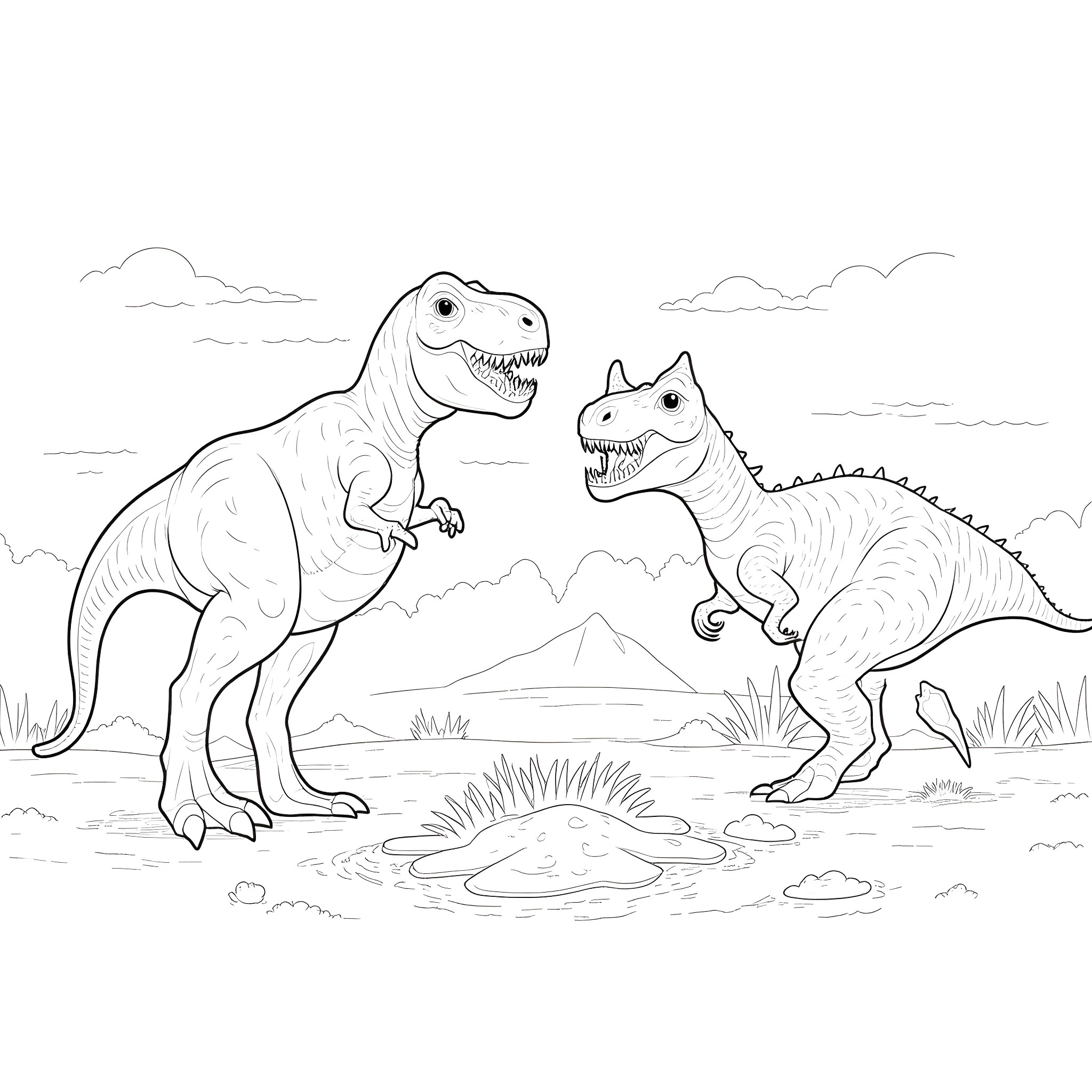 T-Rex Dinosaurs Engaging in a Fierce Confrontation Coloring Page (free black-and-white line drawing printable PDF for all, from beginners to advanced learners, including children, teens, adults, and seniors)